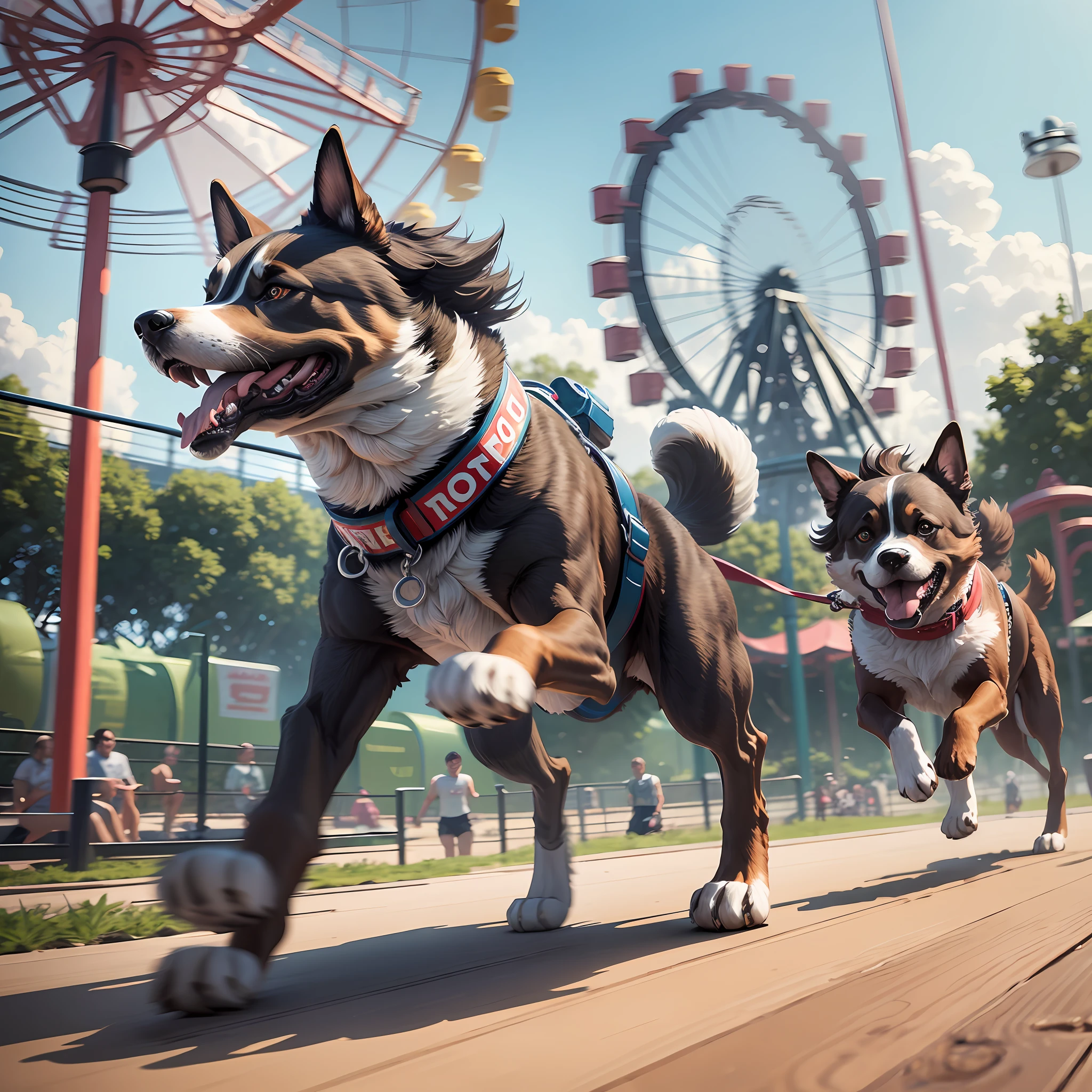 A strong dog running in an amusement park full of tech dogs playing and having fun --auto --s2