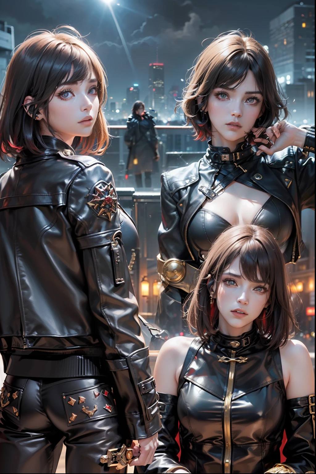 ((Best Quality:1.2, 8k,f/1.8,HDR, Sharp Focus:1.2, photo realistic:1.4, Masterpiece, depth:1.2, super fine :1.2, Ultimate 1Girl, Highly Detailed Facial Textures, detailed beauty makeup: 1.4, realistic skin, detailed eyes, detailed bangs)), (shining gold leather jacket), (leather pants), (headphones), (holding weapon), absurdity, (night city background), (dark clouds), (backlight), ((black and red two-tone asymmetrical short hair:1.2)), ((glaring)) , (big breasts), (mans surrounding girls: 1.4), (small chest tattoo), from above, looking back