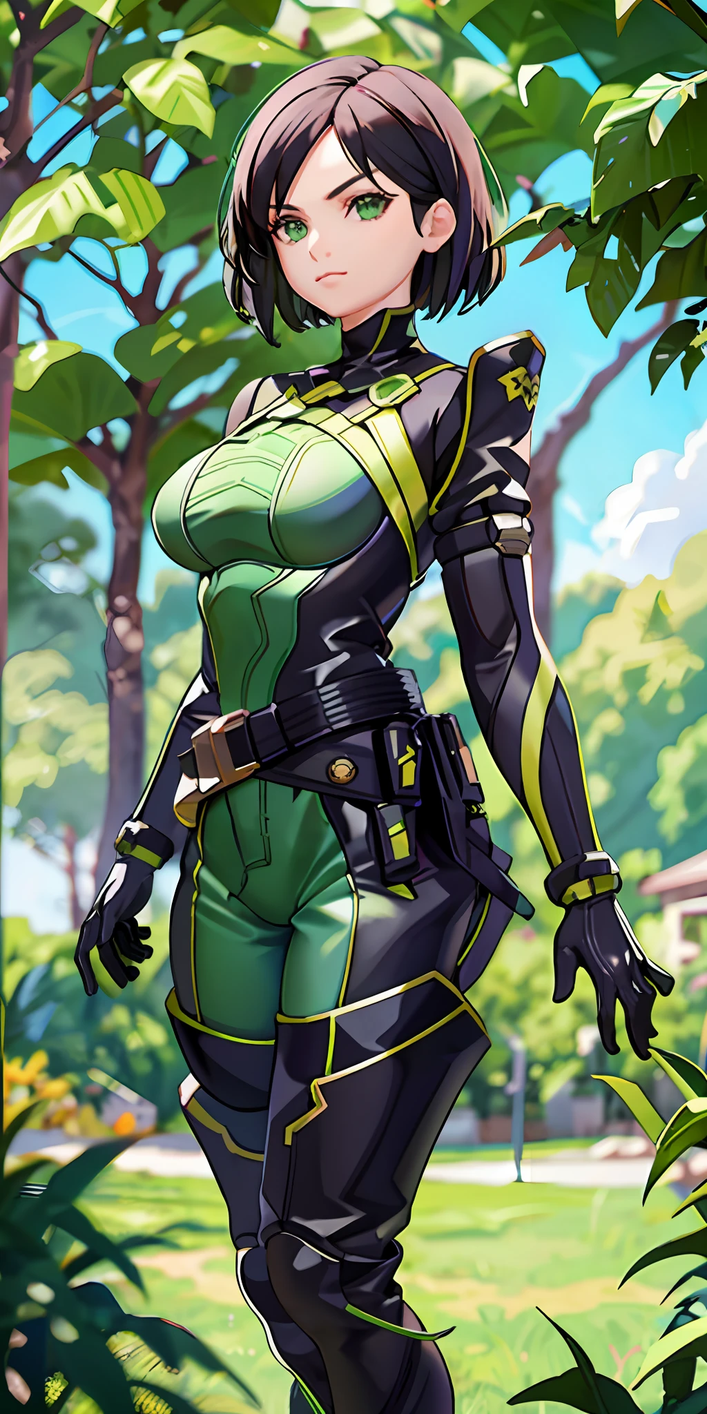 1girl, green bodysuit, elbow gloves, belt, thigh boots, gasmask, valorantviper, chibi, outdoor