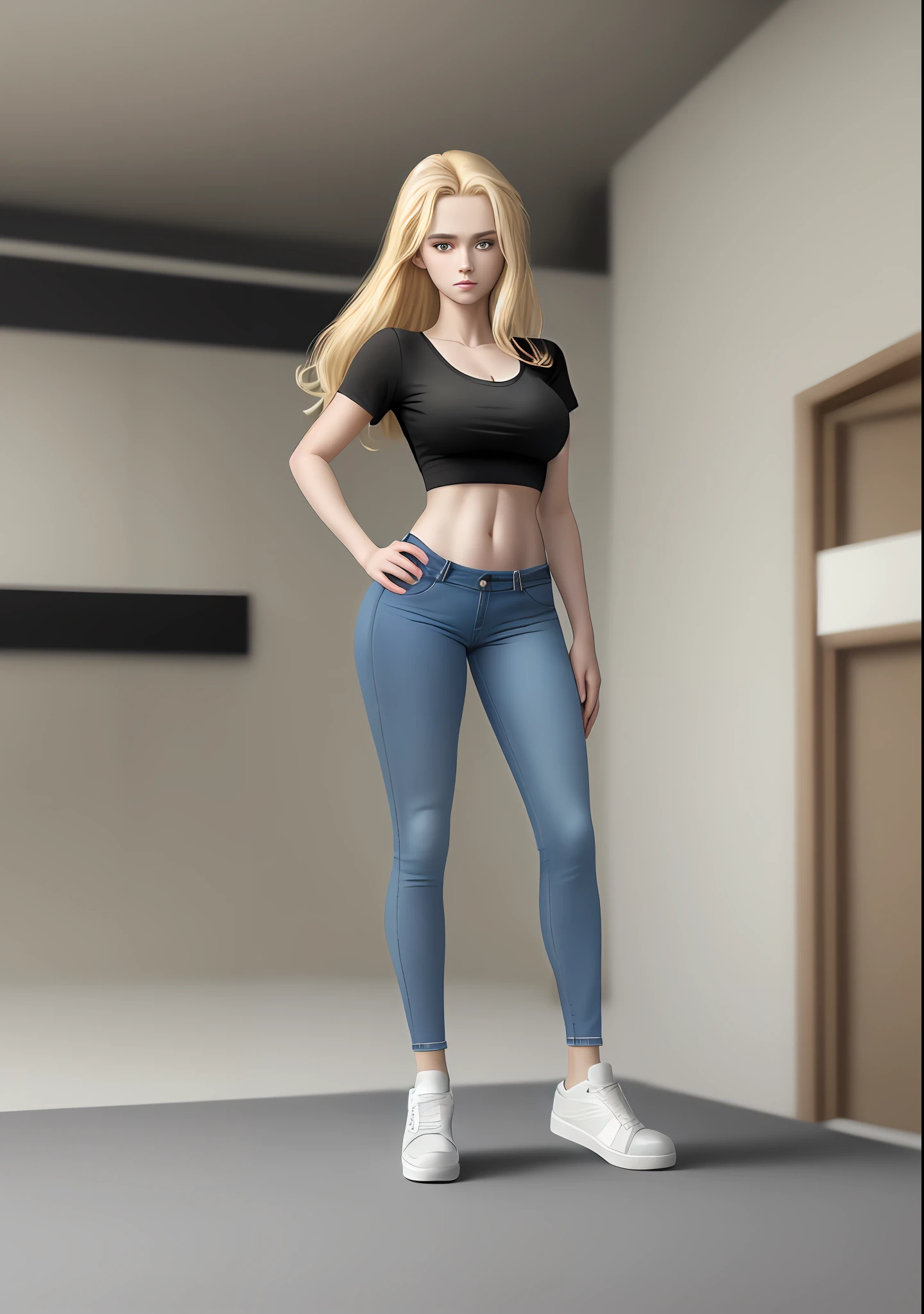 masterpiece, best quality, 4k, blonde girl, delicate face, , with a black top and blue pants, (wearing jeans), blue sneakers, realistic shaded perfect body, full body details, hand on hips, full body close-up shot, highly detailed whole body, waist-shot, shaded cel: 15, realistic SFW proportions.