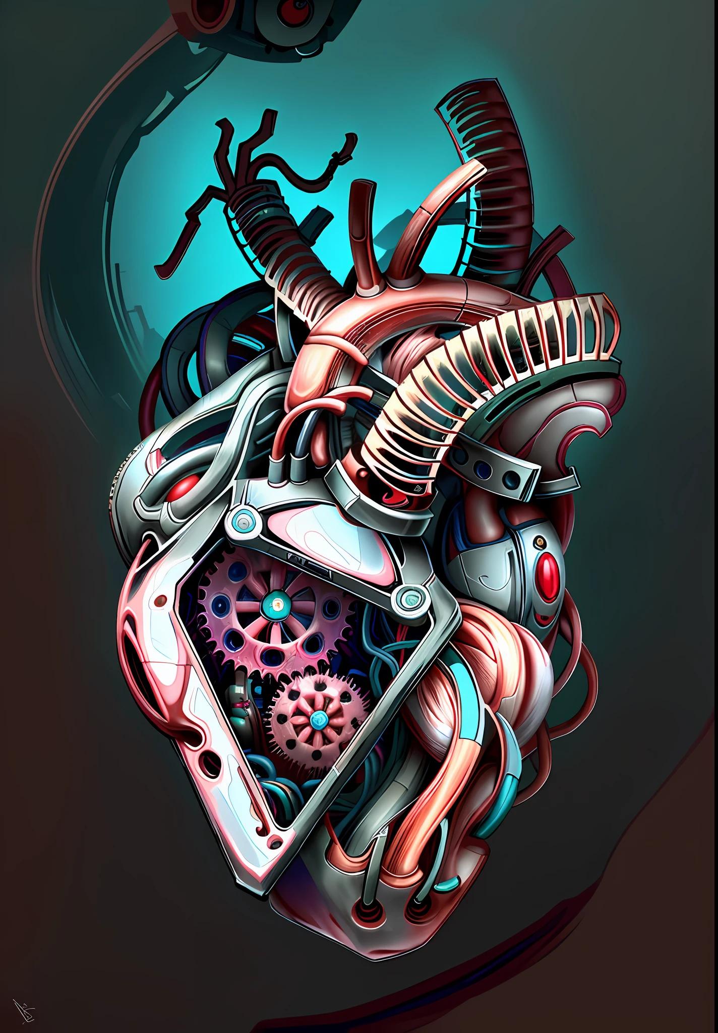 a drawing of a heart with a machine inside, mechanical heart in center, connected to heart machines, biomechanical and intricate, red biomechanical, red biomechanical details, real heart, anatomical heart, colored illustration for tattoo, highly detailed vector art, mechanical style, biomechanical, biomechanical pattern, mechanical form of life, real heart!, BioPunkAI