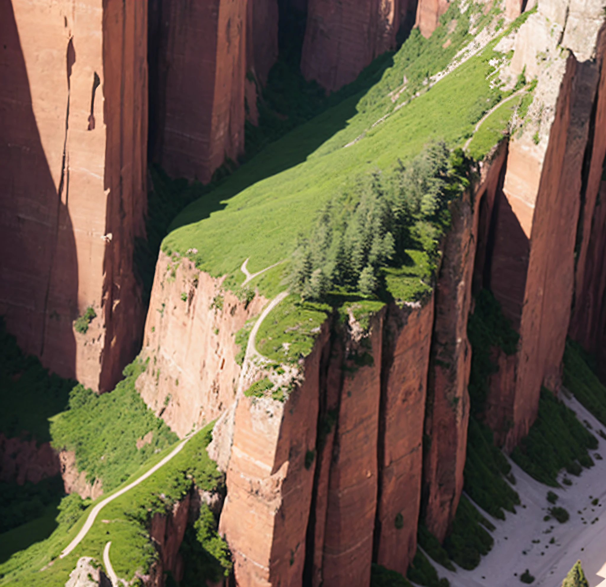 There is a train traveling along the railroad tracks on the mountain, cut into the side of the mountain, look down at the cliffs, steep cliffs, top of canyons, canyons, dangerous cliff sides, huge cracks, sharp cliffs, cliff edges, trees and cliffs, cliffs, detailed trees and cliffs, cliffs, canyon background, inspiring aerial view, amazing depth, 3d rendering, HD, HD 8k