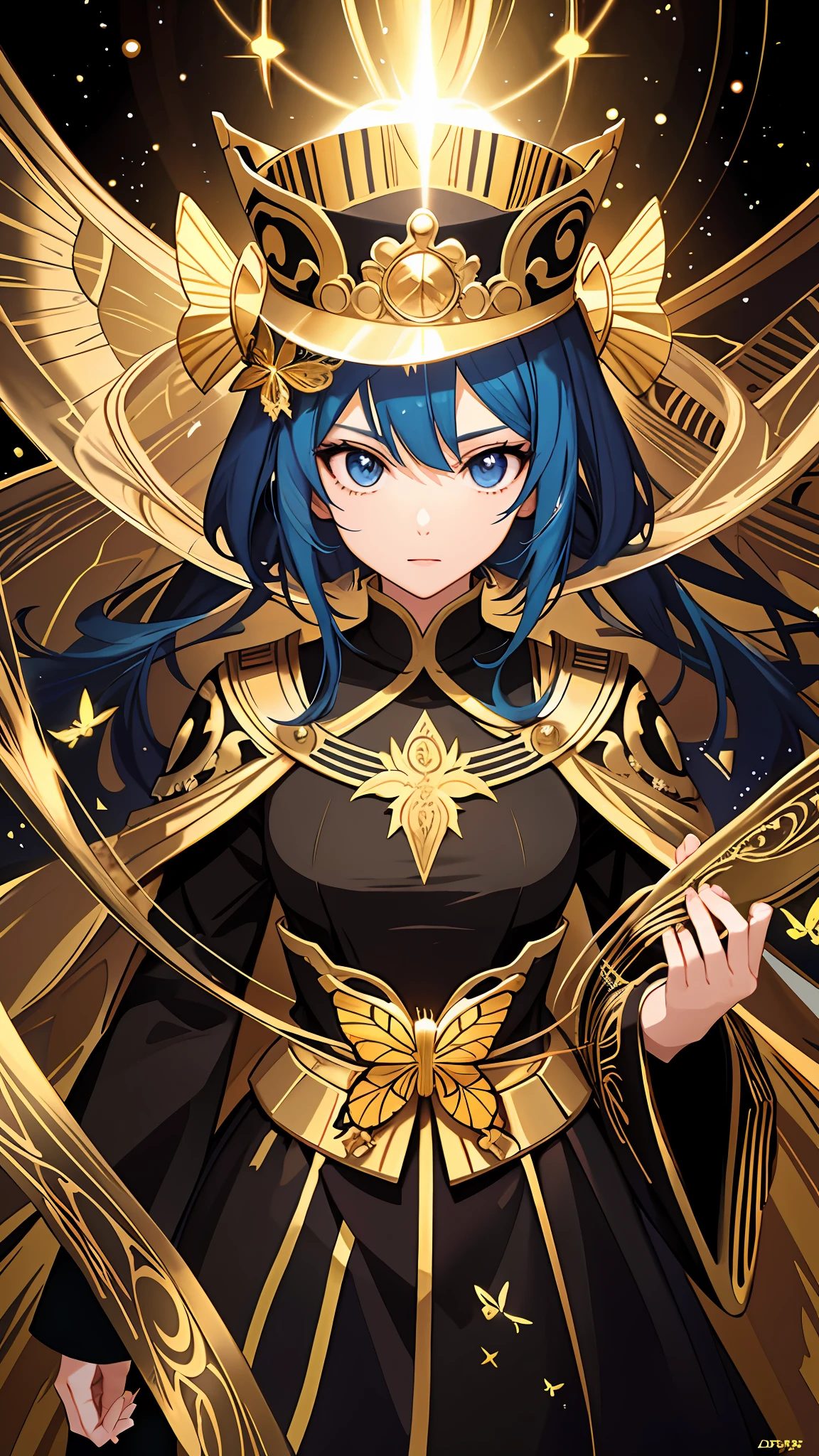 anime character with a golden hat and a butterfly on her head, portrait knights of zodiac girl, detailed digital anime art, fanart best artstation, extremely detailed artgerm, artgerm. high detail, 8k high quality detailed art, ig model | artgerm, artgerm on artstation pixiv, artgerm. anime illustration