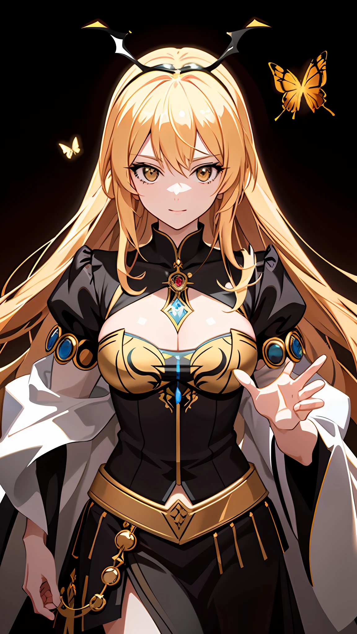 anime character with a golden hat and a butterfly on her head, portrait knights of zodiac girl, detailed digital anime art, fanart best artstation, extremely detailed artgerm, artgerm. high detail, 8k high quality detailed art, ig model | artgerm, artgerm on artstation pixiv, artgerm. anime illustration