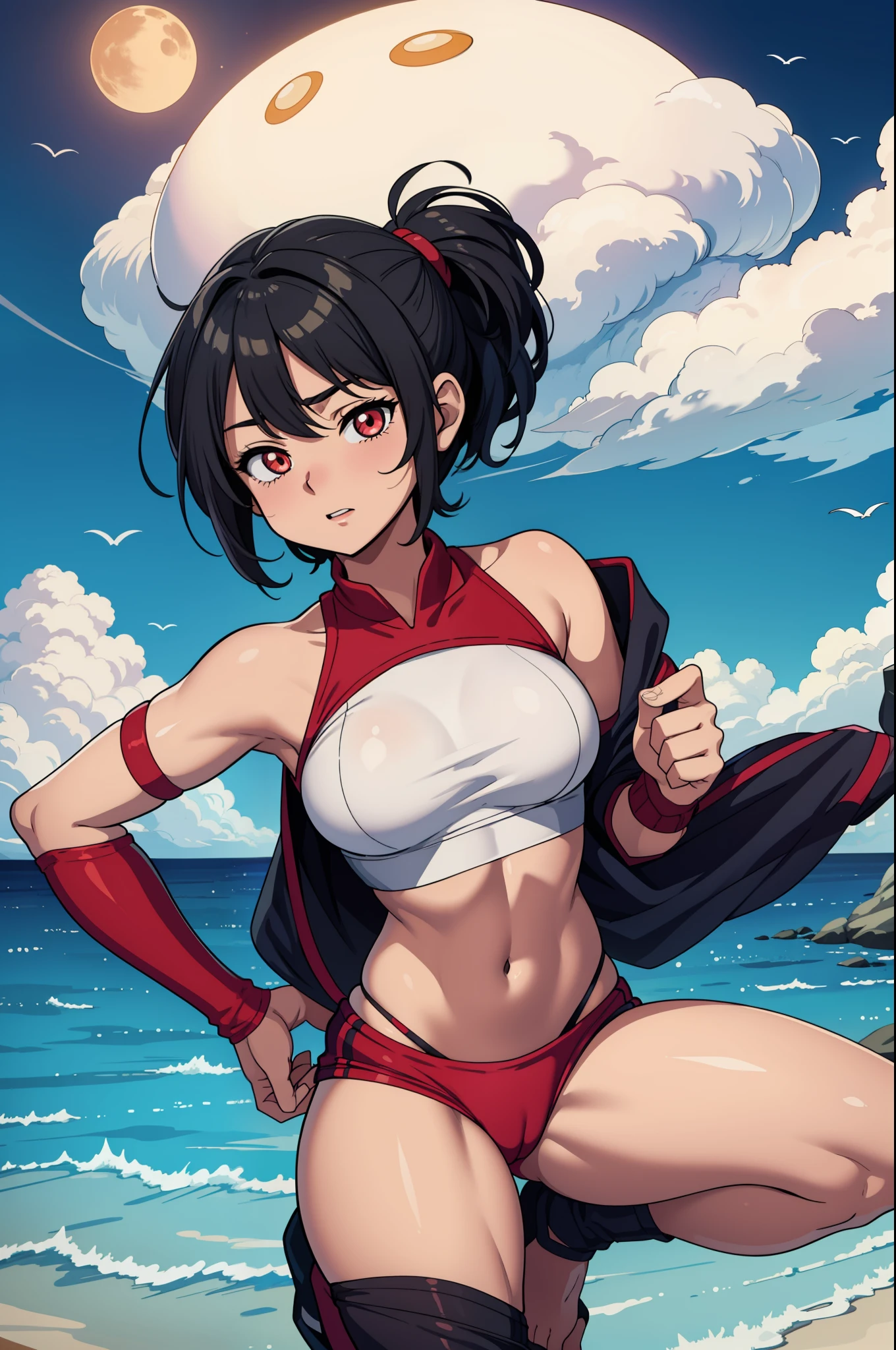 girl, (hotify: 1.2), (oni: 1.4), (old, lava bottom: 1.4), toned body, oppai, (straddling thigh), short hair, cockroach hair, (gym clothes, dolphin cyan shorts: 1.3), mahou shoujo madoka magica, V-kini, (masterpiece, detailed, highres: 1.4)