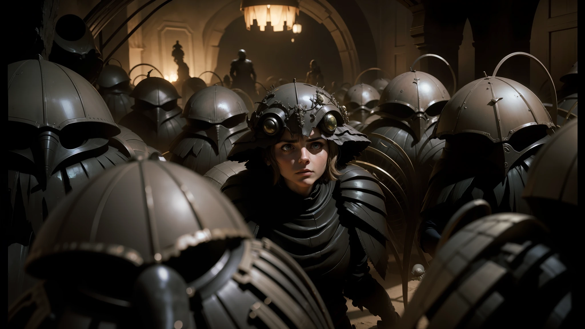 arafed man in a dark room with many alien heads, award winning costume design, subject in the centre, inside an alien jungle, inspired by Jarosław Jaśnikowski, in screenshot from the 300 movie, ladybug hobbits, wearing winged helmet, by Władysław Podkowiński, jenna coleman as the doctor --auto --s2