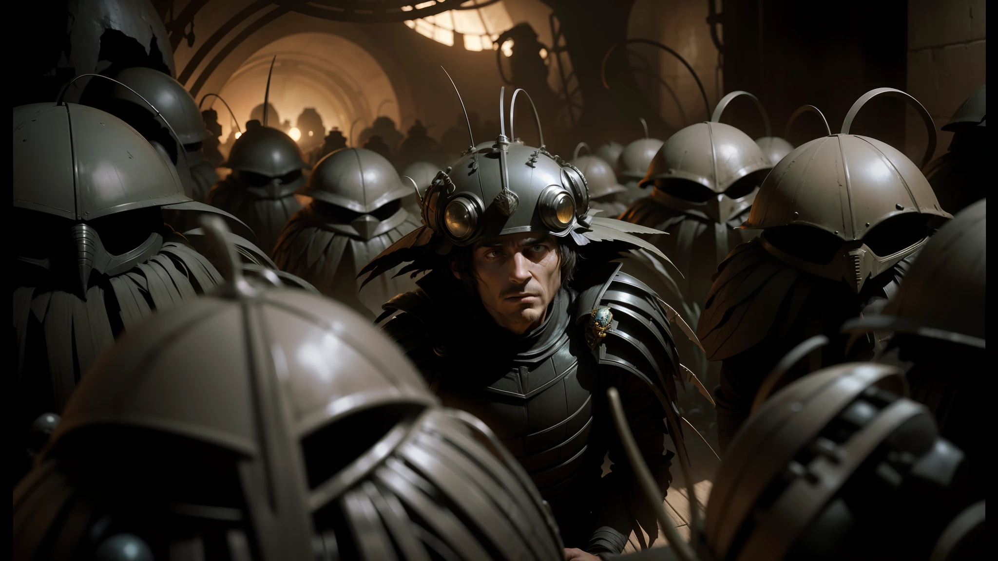arafed man in a dark room with many alien heads, award winning costume design, subject in the centre, inside an alien jungle, inspired by Jarosław Jaśnikowski, in screenshot from the 300 movie, ladybug hobbits, wearing winged helmet, by Władysław Podkowiński, jenna coleman as the doctor --auto --s2