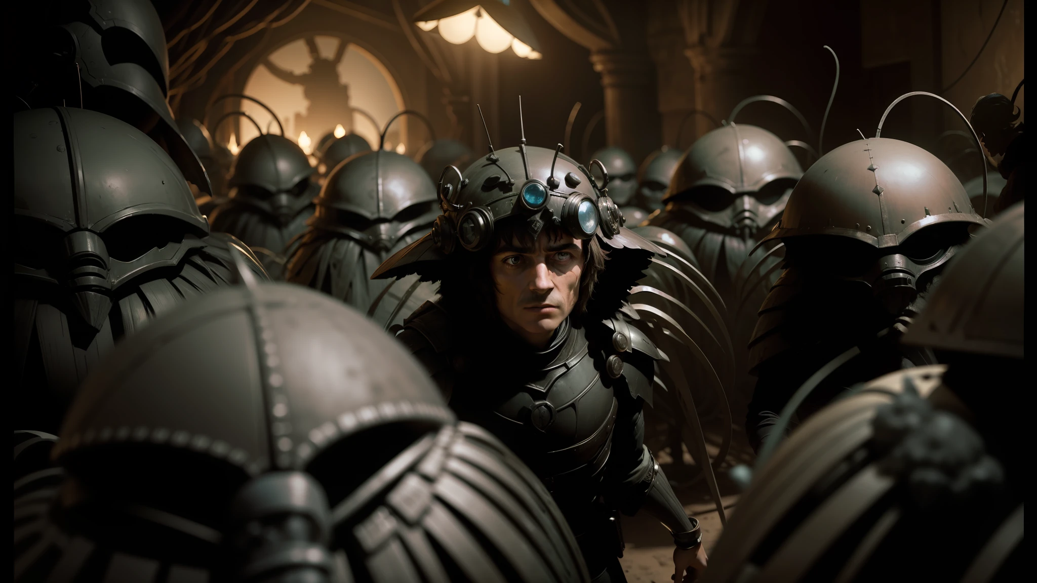 arafed man in a dark room with many alien heads, award winning costume design, subject in the centre, inside an alien jungle, inspired by Jarosław Jaśnikowski, in screenshot from the 300 movie, ladybug hobbits, wearing winged helmet, by Władysław Podkowiński, jenna coleman as the doctor --auto --s2