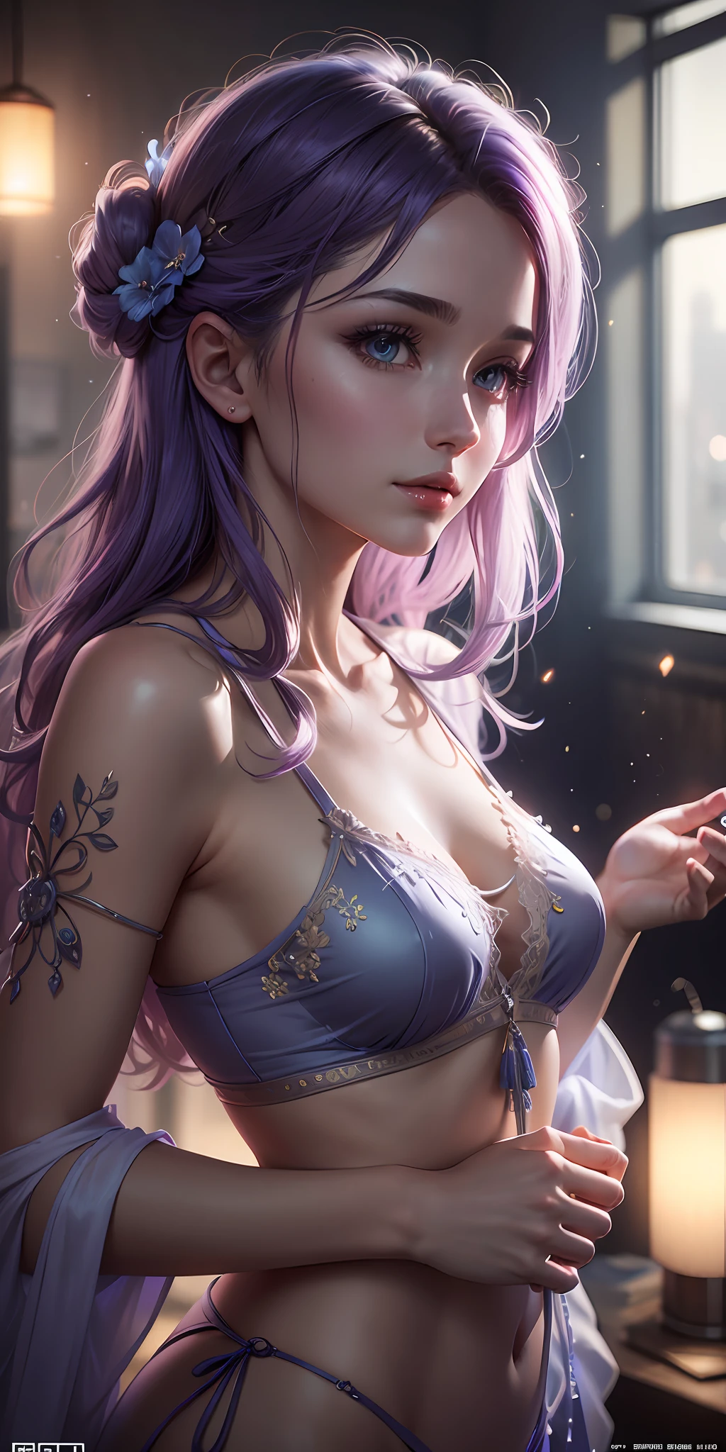 Transparent Pajama Beauty, 23 years old, epic rendering, octane, atmosphere, particles, soft volumetric lamp, (backlight: 1.3), (movie: 1.3), intricate details, (art station: 1.3) --auto --s2