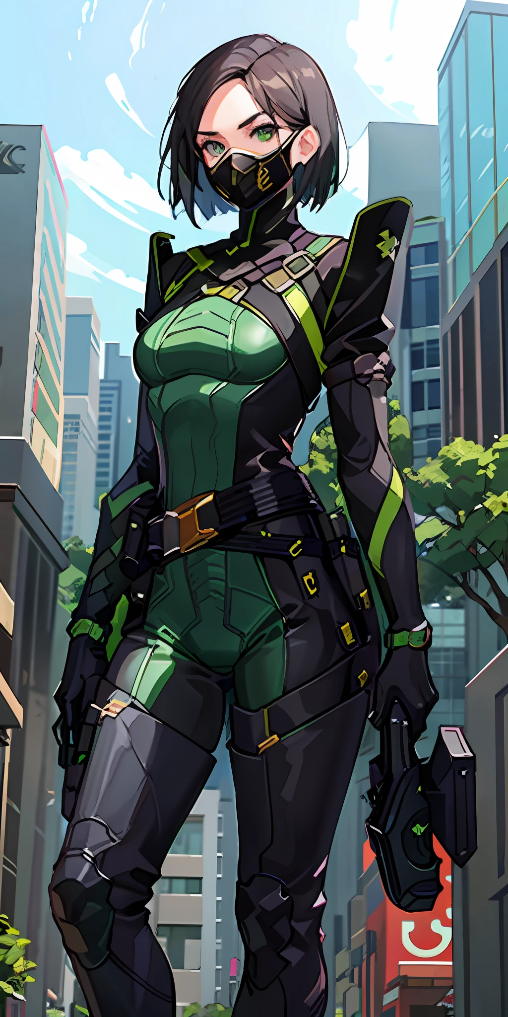 1girl, green bodysuit, elbow gloves, belt, thigh boots, gasmask, valorantviper, outdoor,