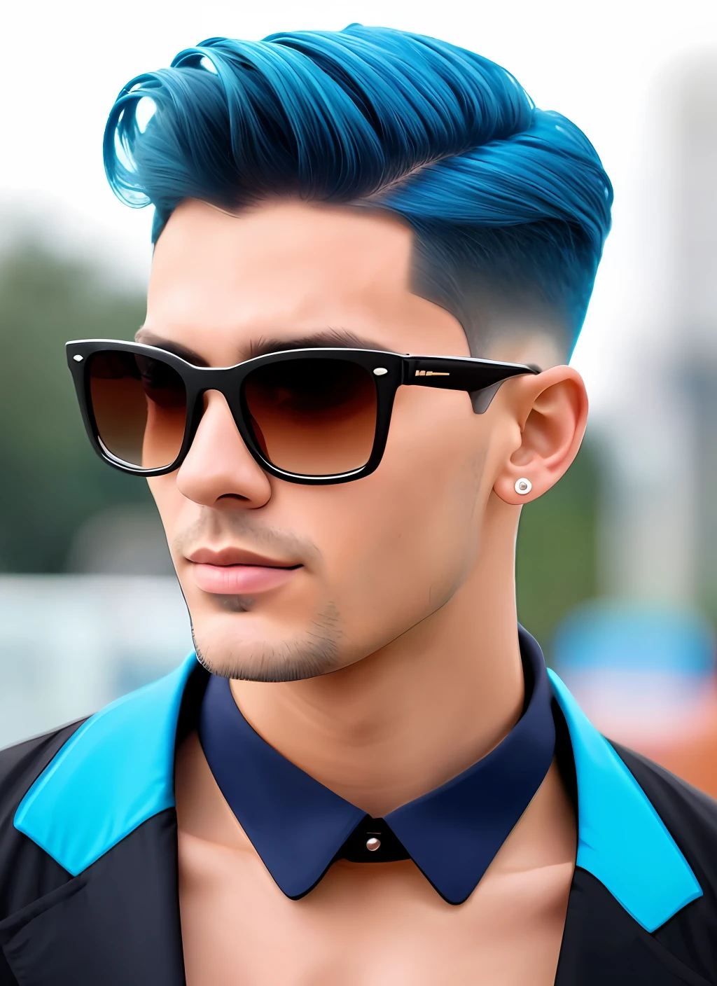 Man with two-block hairstyle and blue sunglasses