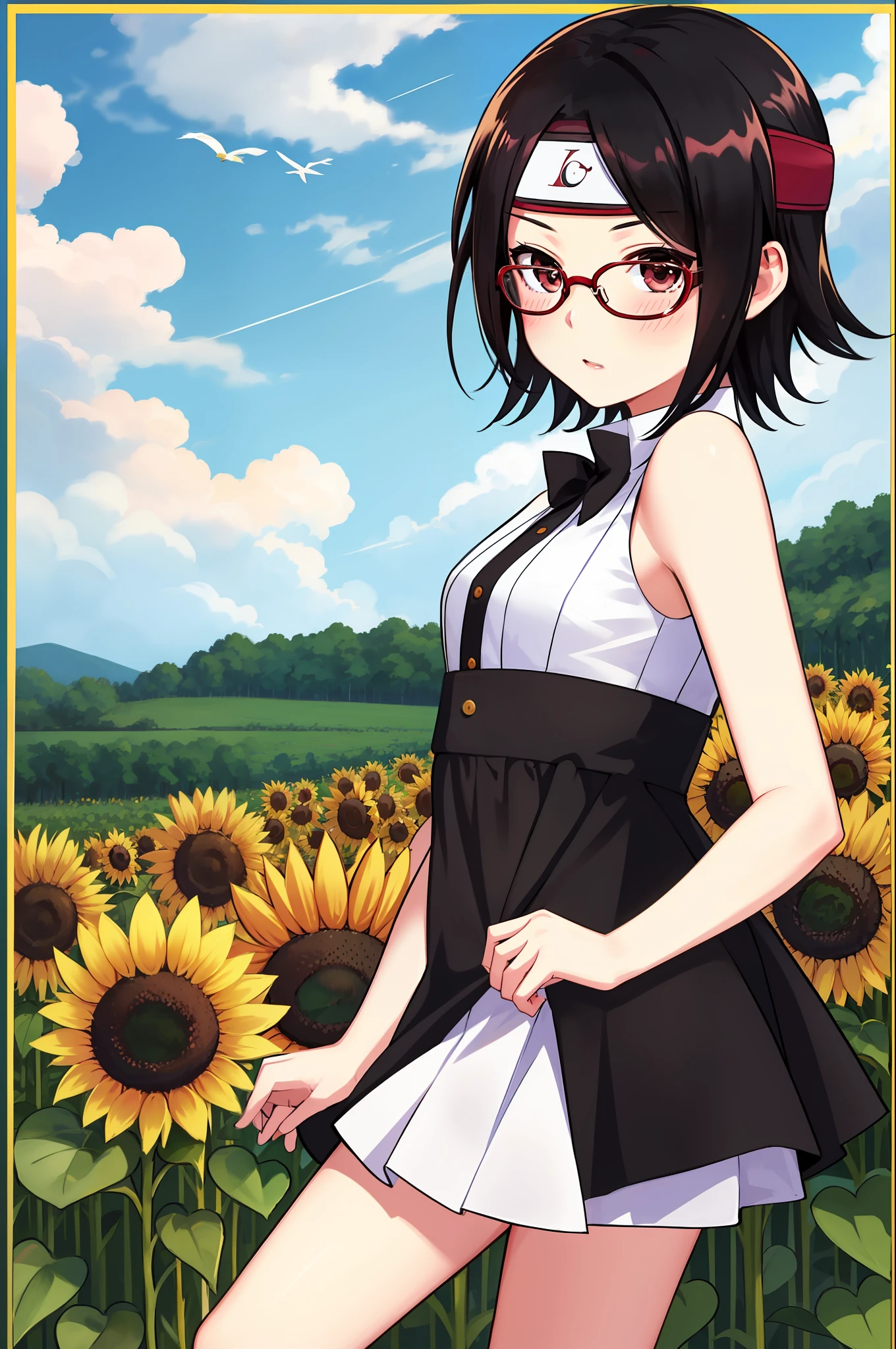 masterpiece, highest quality, best quality, 1girl, solo, looking at viewer, sunflower field, holding kitty,
uchiha sarada, bare shoulders, black eyes, black hair, blush, red framed glasses, short hair, forehead protector,