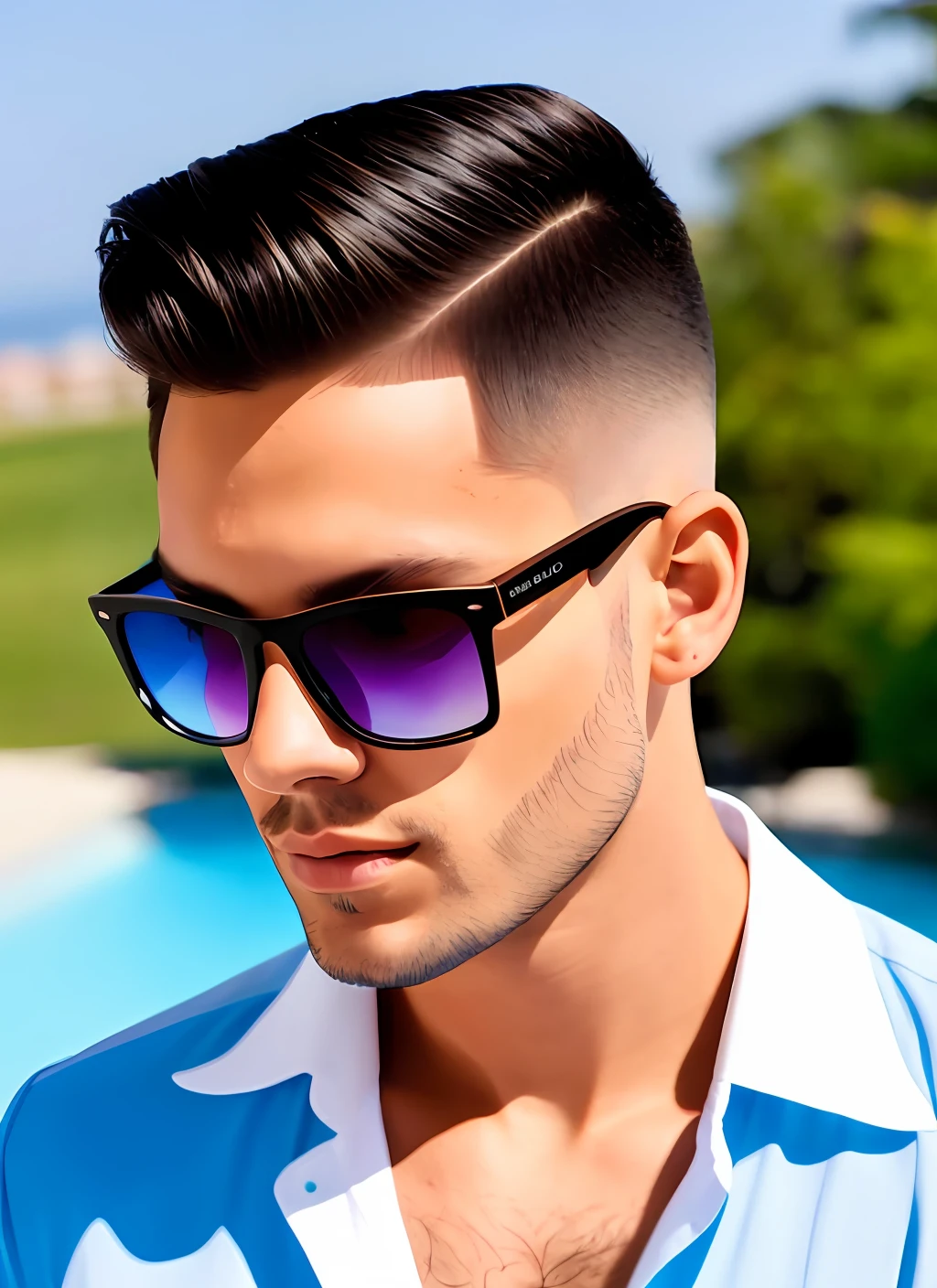 Man with two-block hairstyle and blue sunglasses