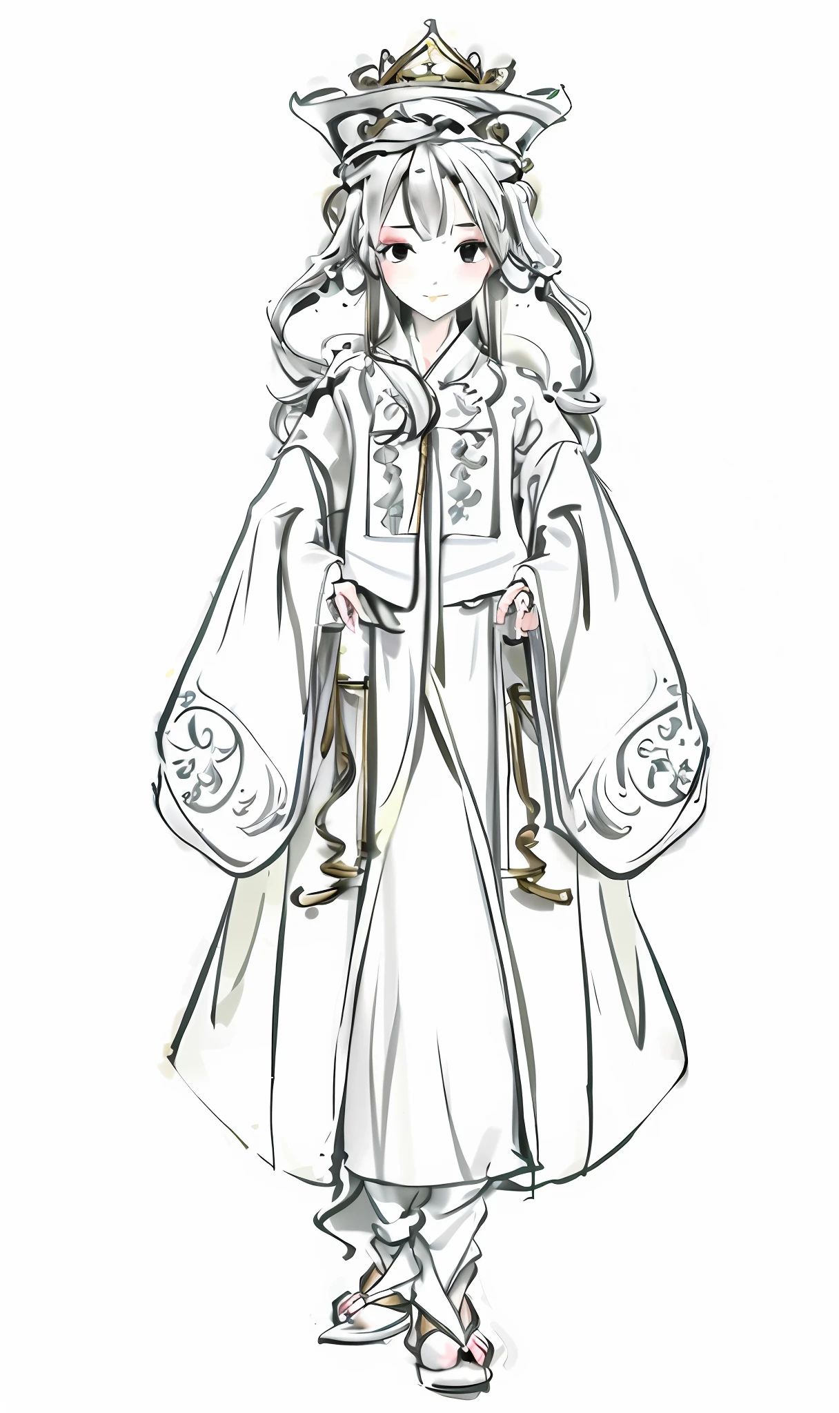 A drawing of a woman in a white dress and hat, ((in an aristocratic robe)), flowing hair and robes, gorgeous flowing robes, clear costume design, full body fairy, detailed full body concept, robes! Complex, ornate robes, full body concept, gorgeous flowing robes, moon-themed costumes, wearing ancient suits, wearing flowing robes, hands not exposed