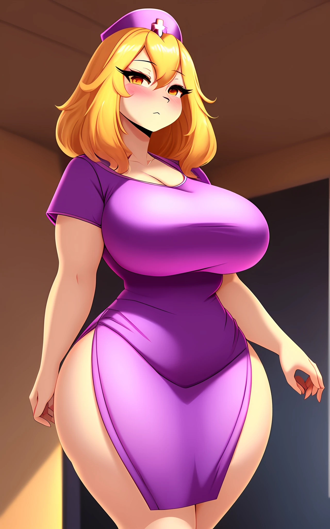 Furry-Eeveeution, loaded on e621,empress of light,[sharp focus], [questionable content], 1girl,standing,seductive look,blush,hands behind back,large breasts,tight short nurse's clothing,neckline,thick thighs,big ass,tight dress, hospital bottom