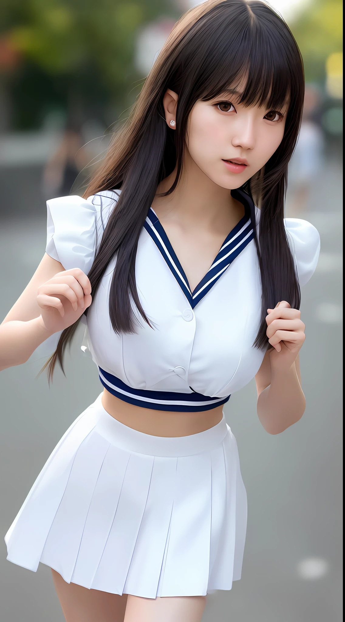 Best quality, super detail, masterpiece, fine detail, high resolution, portrait, 8k wallpaper, realistic details, clothing details, skin details, detailed eyes, photoshop \ (medium \), slim body, 1 girl, Japan people, 30 years old, beautiful eyes, bare skin, well-formed face, bangs, blunt bangs, huge, (pleasant look), mouth open, close-up, wearing a short skirt, white skin, Long hair, dark hair, sailor suit, walking on the street, hard breasts, hair fluttering, ears visible, navel visible
