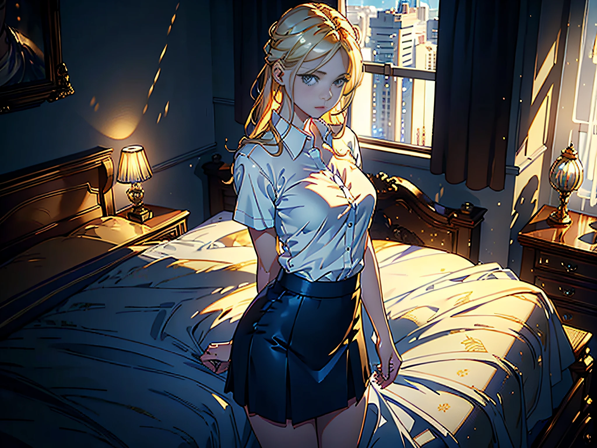 ((Masterpiece)), ((Best Quality)), 8K, HD, Super Detail, (Woman), (White Shirt), (Expectant Eyes 1.5) (Golden Hair), (Hip Wrapped Skirt) (Blue Eyes) (Bedroom 1.3)(Upper Body Display 1.4) The artwork is a masterpiece, with the best quality and super detail, captured in 8K HD. Photographic realistic, realistic, very detailed illustrations realistic, octane rendering