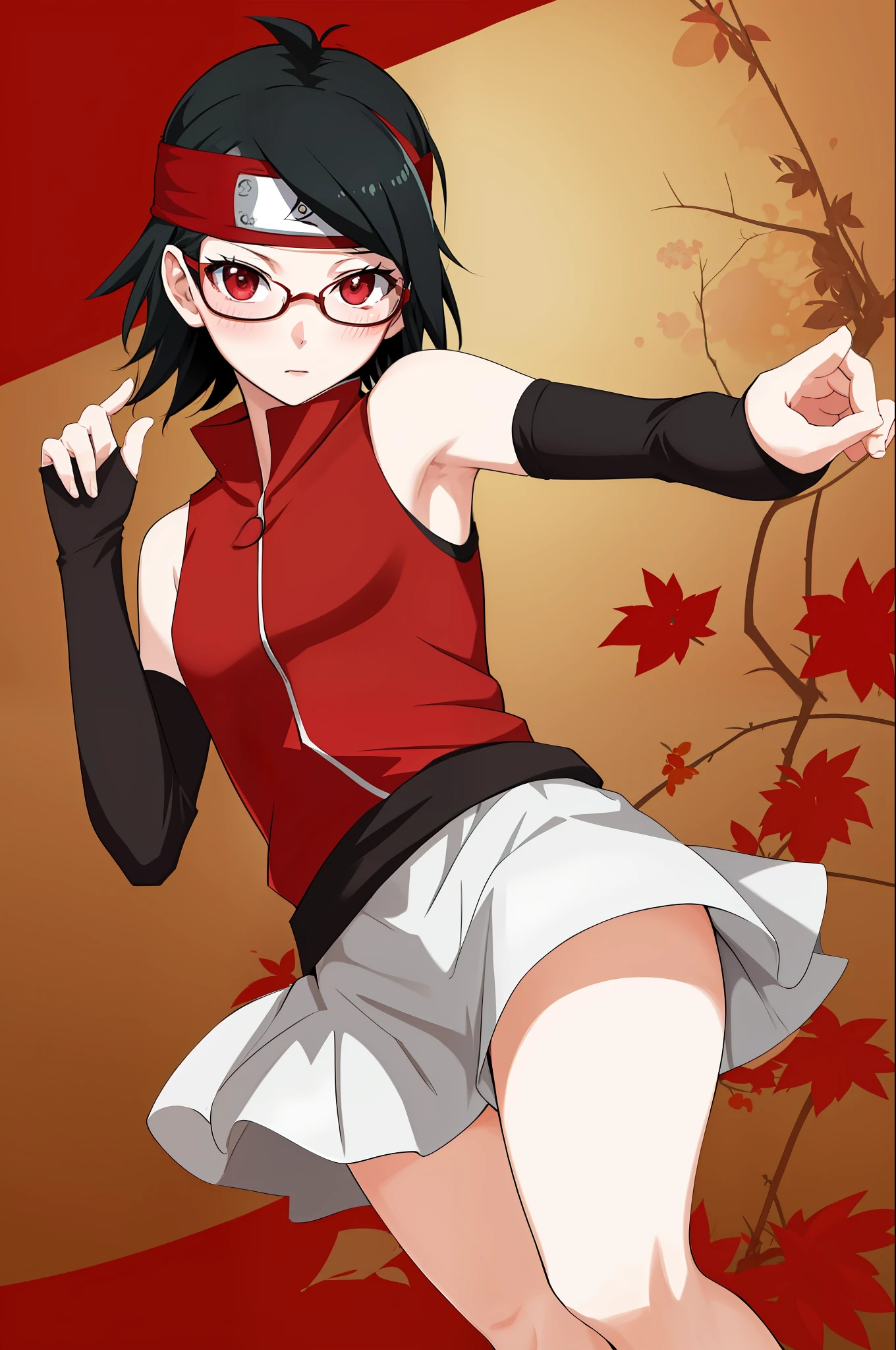 masterpiece, highest quality, best quality, 1girl, solo, looking at viewer, summer forest, evil, 
uchiha sarada, bare shoulders, black hair, blush, red framed glasses, short hair, forehead protector,   arm warmers, bidarian, clenched hand, headband, red eyes, sharingan,