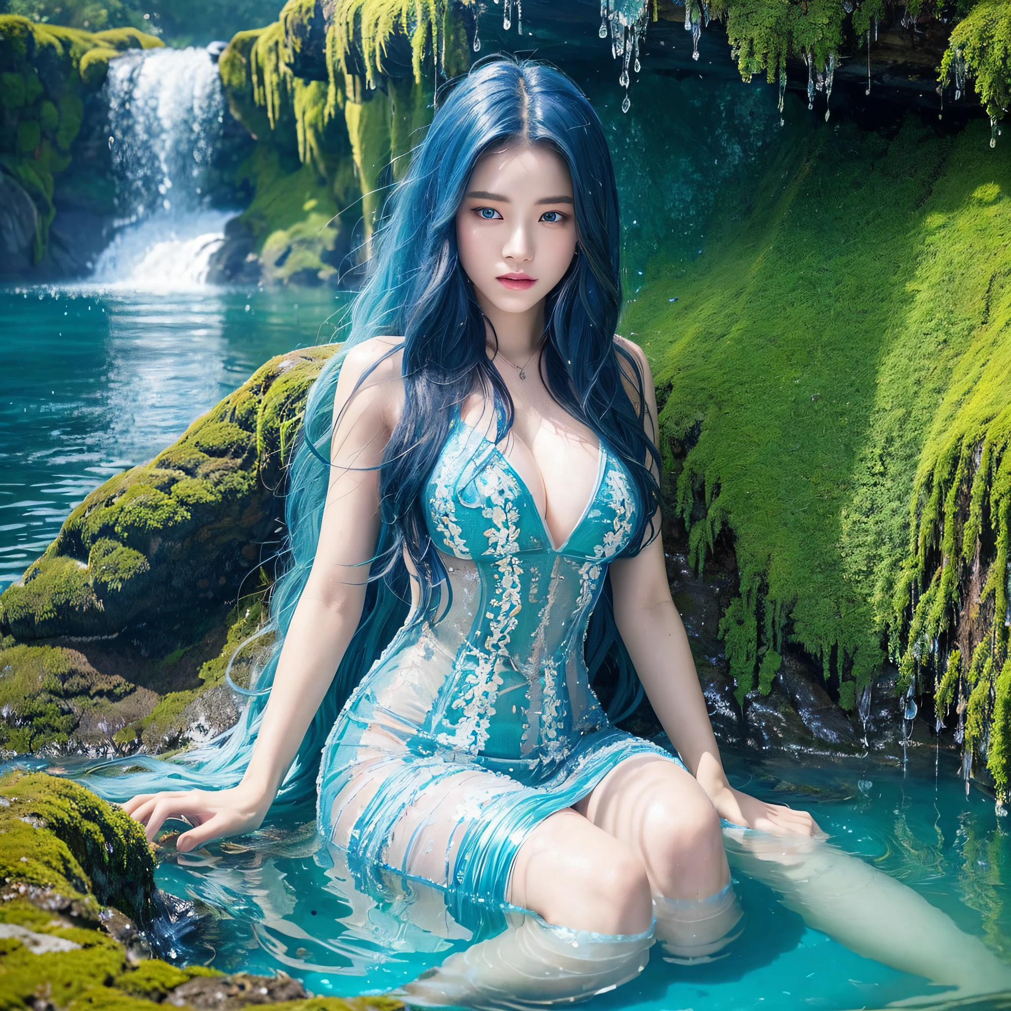 She is a beautiful water spirit, the spirit hair is flowing and transparent blue, it looks like a waterfall, the eye color is aquamarine, reflecting the depth of the sea. It is surrounded by a gentle mist and has a fantastic and enchanting appearance. Water Spirit's skin is glowing and glowing with a soft blue hue, Water Spirit gentle and seductive, photorealistic, masterpiece, highest quality, super detailed, HDR, 8K