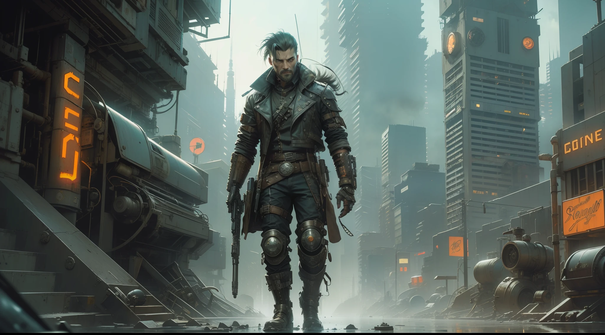 A futuristic steampunk character with elements of steampunk, portrayed in a dynamic scene. The character is a rugged and mysterious man, wearing a combination of cyberpunk and steampunk attire. He sports a cybernetic arm, intricate gears, and pipes integrated into his outfit. His clothing features a mix of leather, metal, and worn fabrics, with a weathered and industrial aesthetic. The setting is a gritty cityscape with towering skyscrapers and smog-filled air, illuminated by neon lights and steam-powered machinery. The lighting casts dramatic shadows, enhancing the atmosphere. The character stands tall, exuding confidence, with a futuristic weapon in hand. The artwork is highly detailed and showcases the intricate craftsmanship of both cyberpunk and steampunk styles. It reflects the talents of renowned artists such as Victor Adame, Jakub Rozalski, Paul Chadeisson, and Karl Kopinski. The image captures the essence of the cyberpunk and steampunk genres, merging them seamlessly