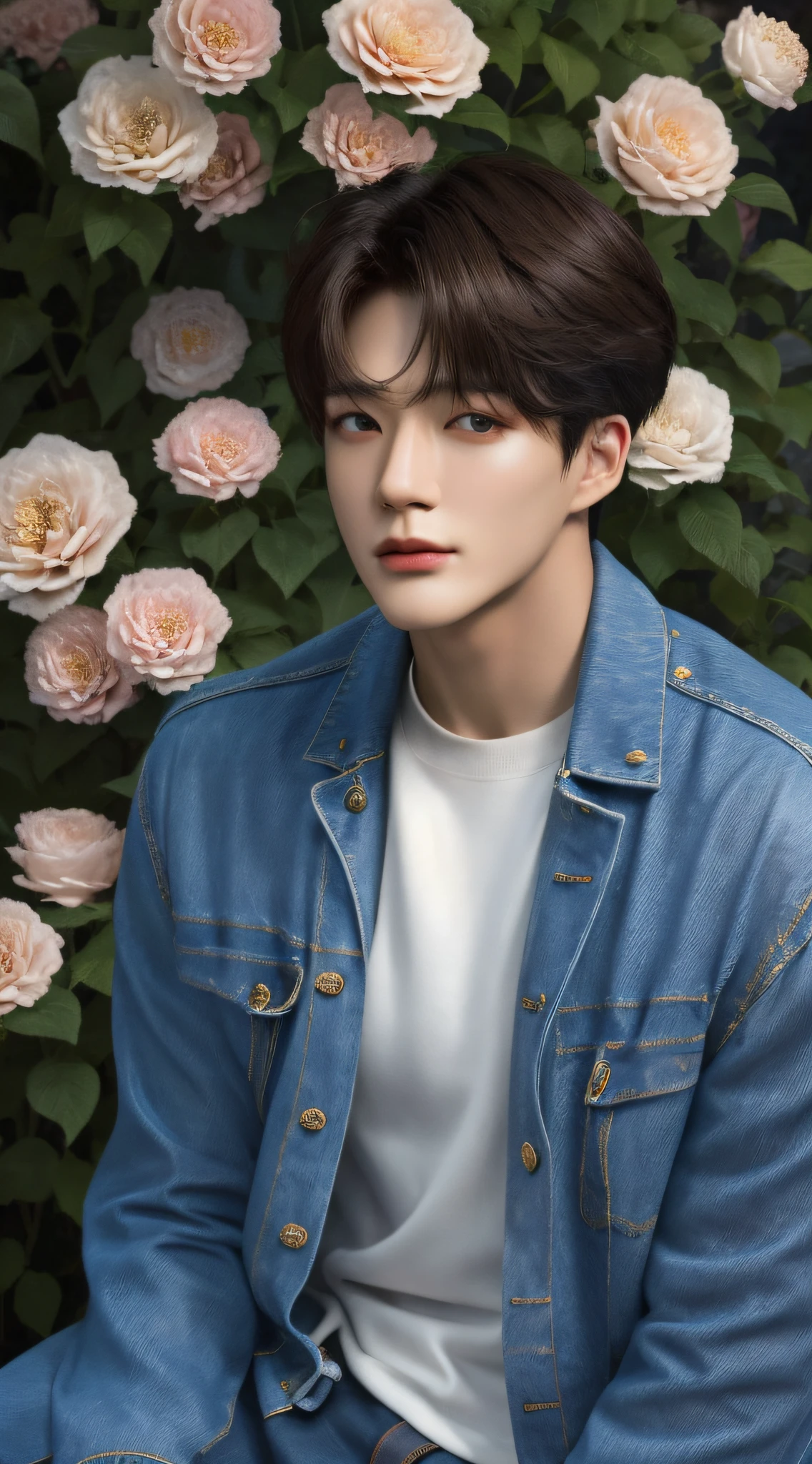 Best quality, ultra high resolution, ultra-detailed, style-empire, realistic, cinematic. A handsome korean man, thick eyebrows, gazing eyes, brown skin, shiny skin, black hair. He is wearing a denim jacket, white shirt inside, and denim jeans. He is at the garden, with lots of flowers. Half portrait, medium length close-up shot.