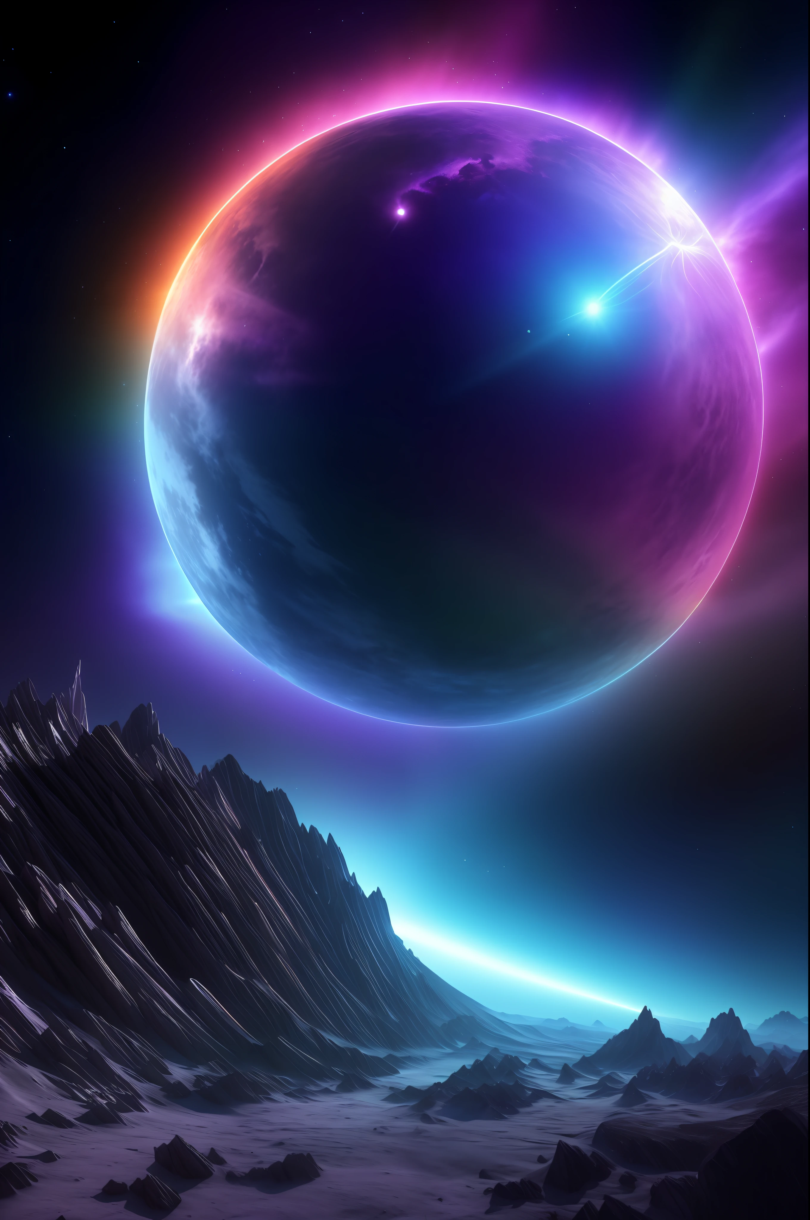 Planet from space, cosmic, purple, land, ocean, alien, solar system, colorful, fruitful, habitable, alien land, purple oceans, ice, birds, planet light years away, big, exoplanet, 8K resolution, ultra detailed,  Fantasy vibe, centered, dreamlike, intricate detail,  Cinematic Lightning, Unreal Engine, Realistic, Photorealistic, Hyper-detailed, insane details, Super-Resolution, Megapixel, FKAA, TXAA, RTX, SSAO, Post Processing