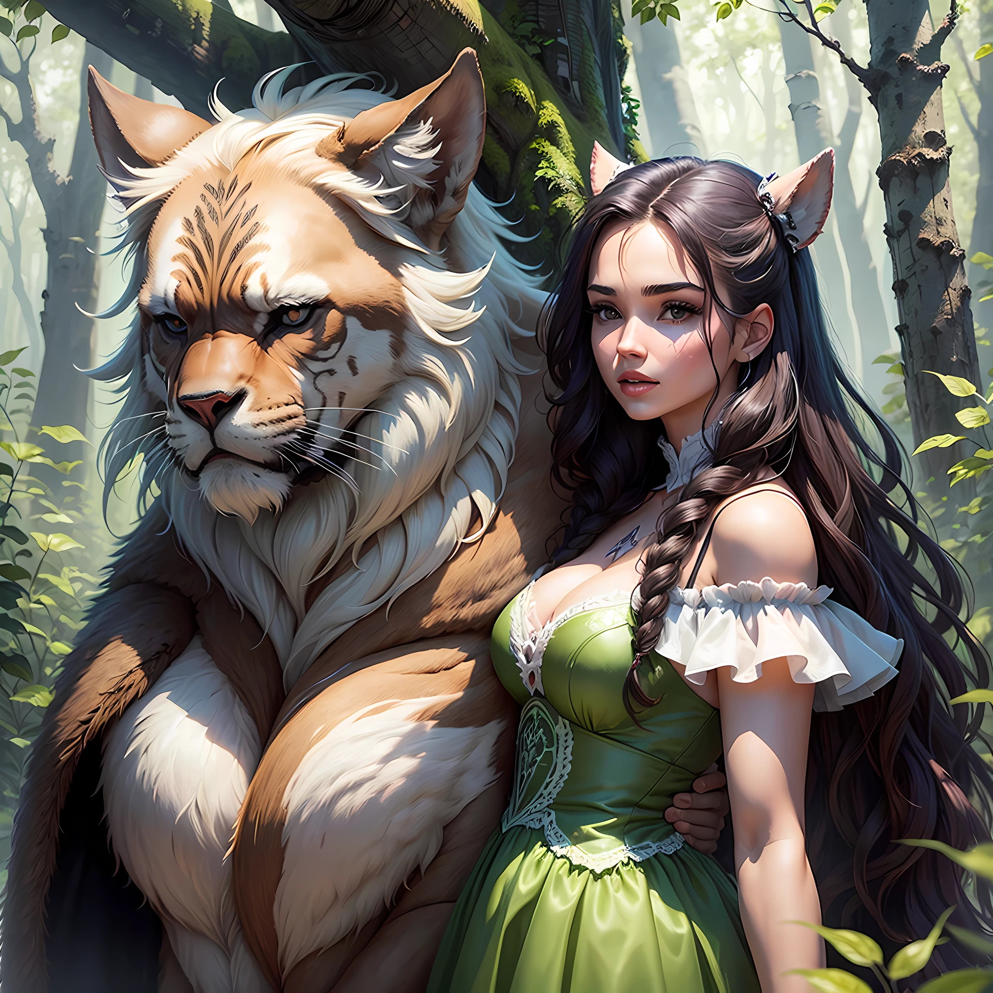 A beauty and a beast look at each other affectionately in the forest. --auto --s2
