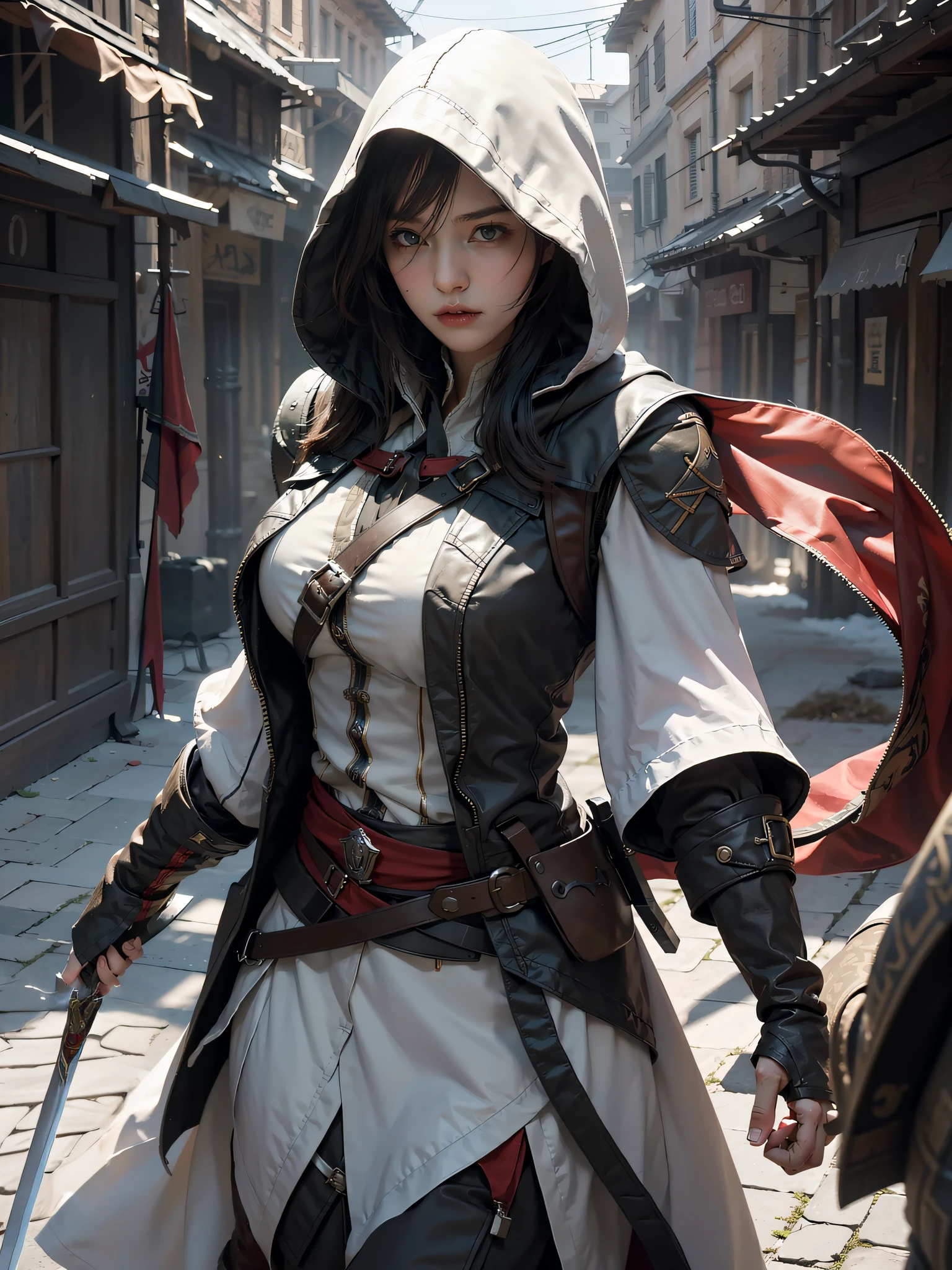 arafed woman in a hooded outfit holding a sword and a sword, beautiful female assassin, female assassin, portrait ezio auditore as female, artwork in the style of guweiz, chengwei pan on artstation, alena aenami and artgerm, artgerm and atey ghailan, beautiful character painting, by Yang J, stunning character art