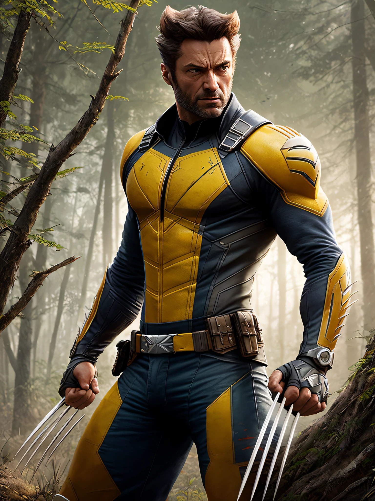 Wolverine de James Howlett, bodysuit militar tecnológico amarelo, vhs Effects, (Poster: 1.6), Fundo de floresta canadense, Western (Skin Texture), Intricate Detail, Fine Detail, Hyperdetail, Ray Tracing, Subsurface Scattering, Diffuse Soft Lighting, Shallow Depth of Field, por (Oliver Waite) CGSociety Trend, Complex, High Detail, Sharp Focus, Dramatic, Photorealistic Painting Art Greg Rutkowski