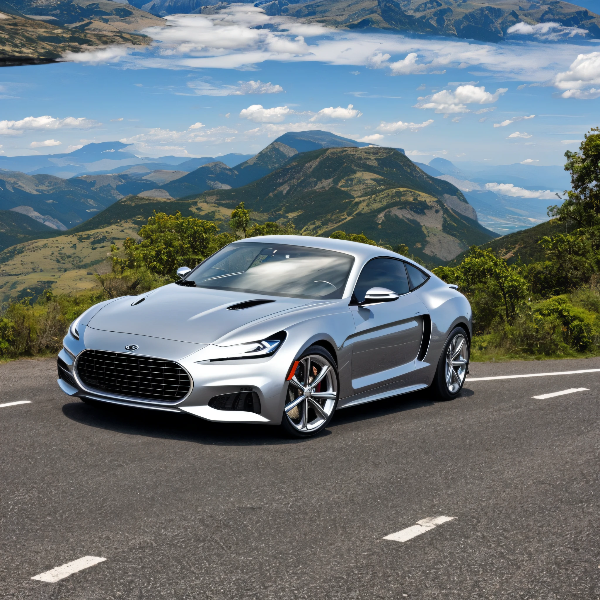 Ultra-detailed, car, two doors, flying, silver wheels, realistic high quality, running on the road, through the mountains. --auto --s2