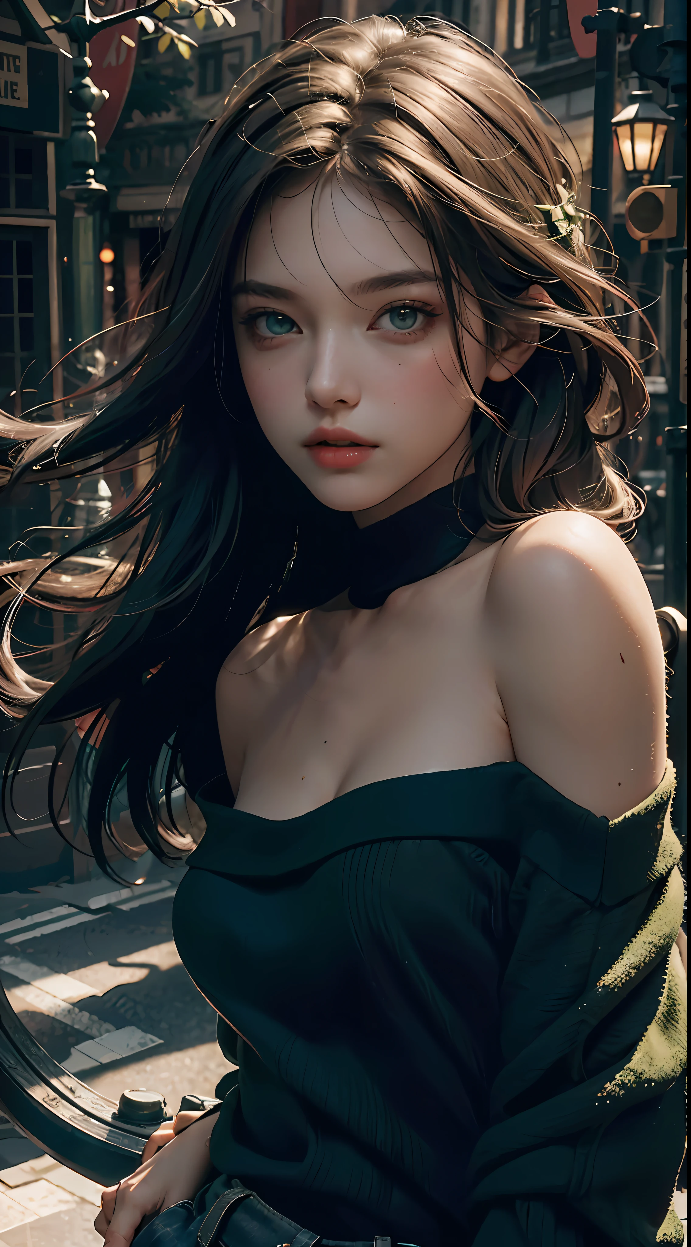 Best Quality, Masterpiece, Ultra High Resolution, (Realisticity: 1.4), Original Photo, 1Girl, Green Eyes, Off-the-Shoulders, Cinematic Lighting