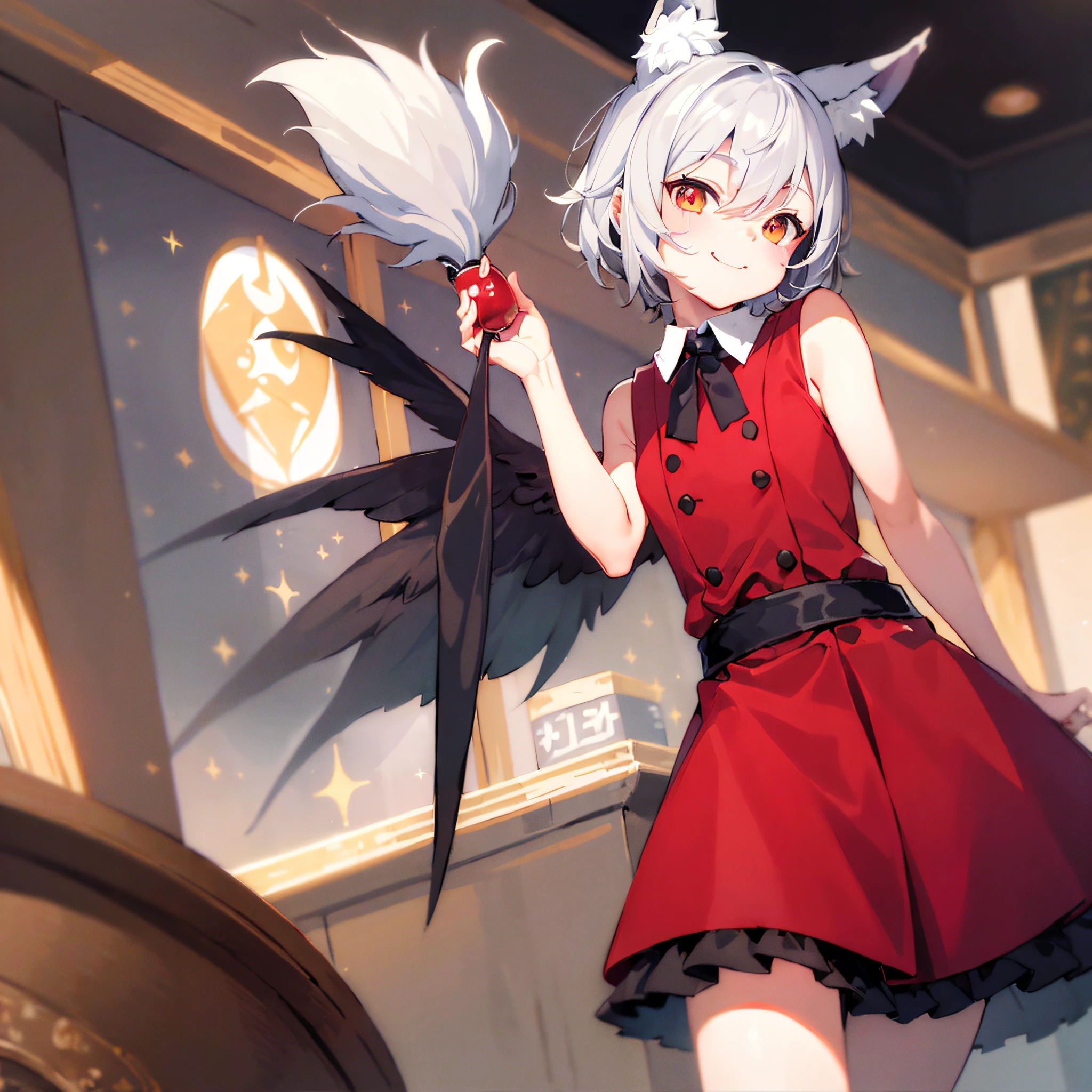(((((masterpiece))))), high quality, very_high_resolution, large_filesize, full color、flat color, flat shading, fox ears, gray hair, short, little devil wings, pose in motion, charming smile, girl cute