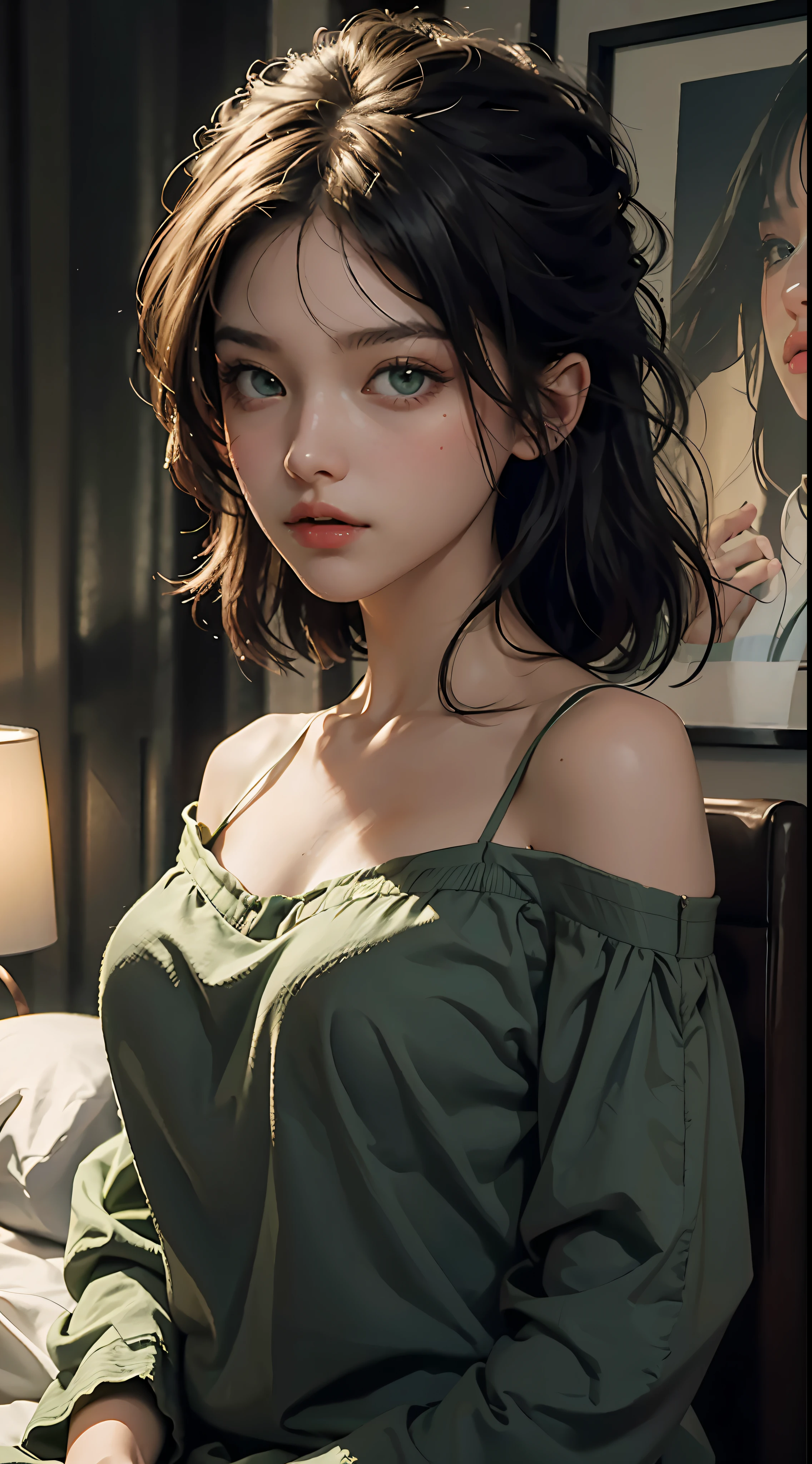 Best quality, masterpiece, super high resolution, (fidelity: 1.4), original photo, 1girl, green eyes, off-the-shoulder, cinematic lighting Pajamas