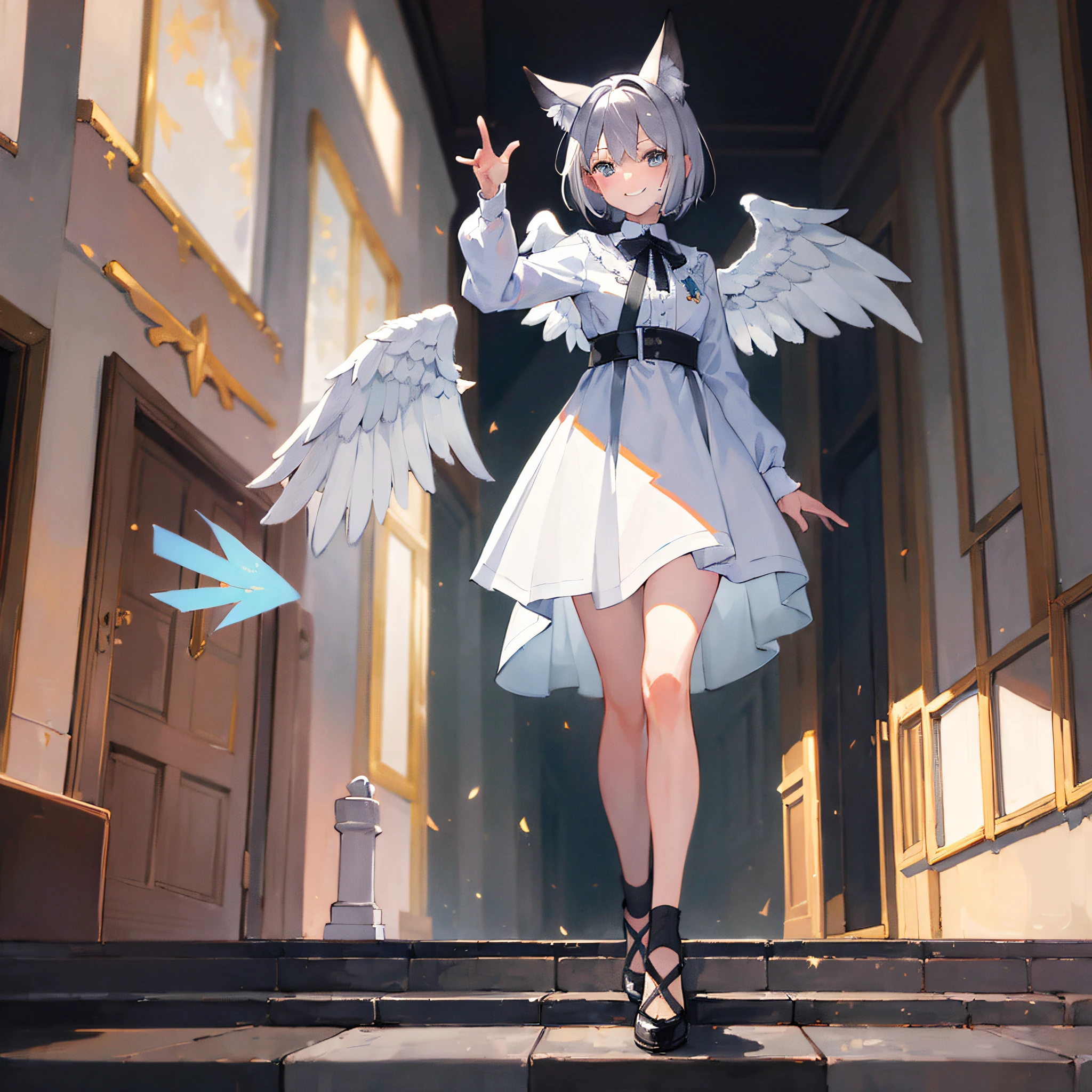 (((((masterpiece))))), high quality, very_high_resolution, large_filesize, full color、flat color、flat shadingfox ears、gray hair,short,angel wings,moving pose,charming smile,girl cute