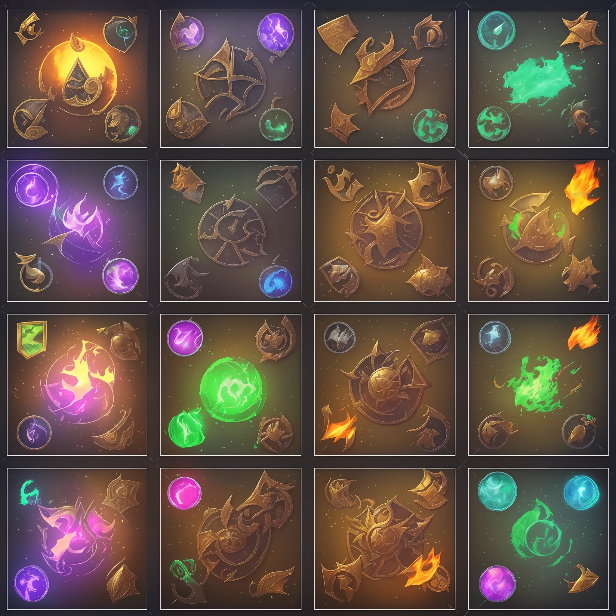 Game icons assets sheet 5x5 of magic legendaryloot chests, epic,video games icons, 2d icons,rpg skills icons, world of warcraft items icons,league of legends items icons,ability icon,fantasy,flat pile gray background,octanerendering,AAA, uhd,8k, raytracing --auto --s2