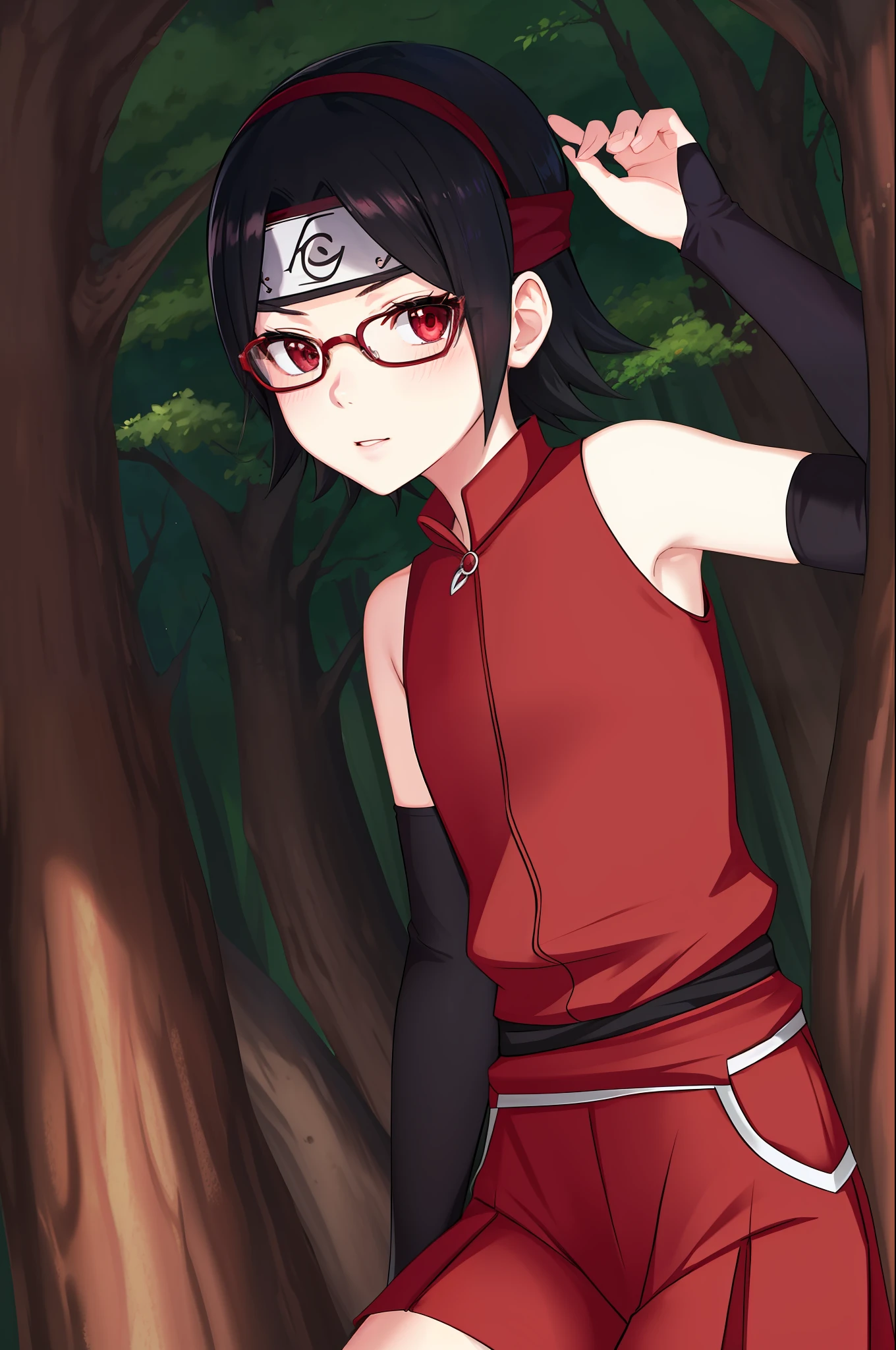 masterpiece, highest quality, best quality, 1girl, solo, looking at viewer, summer forest, evil,
uchiha sarada, bare shoulders, black hair, blush, red framed glasses, short hair, forehead protector, arm warmers, bidarian, clenched hand, headband, red eyes, sharingan,