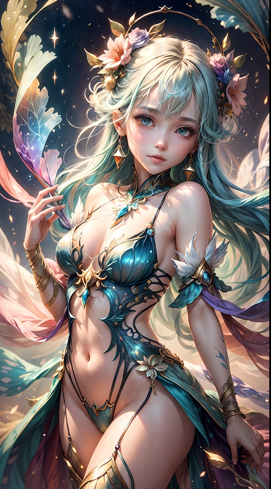 A captivating anime girl gracefully emerges from the pages of a watercolor painting, her vibrant and intricate colors breathing life into the artwork. She dons an extraordinary fantasy costume adorned with delicate details, reflecting the enchanting world she inhabits. Luminescent elements, like glowing crystals and ethereal wisps, surround her, casting a soft, otherworldly glow. The watercolor style imbues the image with a sense of fluidity and delicacy, as if the colors are effortlessly blending and bleeding into one another. Camera shot: medium shot, Camera lens: soft focus, Lighting: luminescent glow, watercolor brushstrokes,