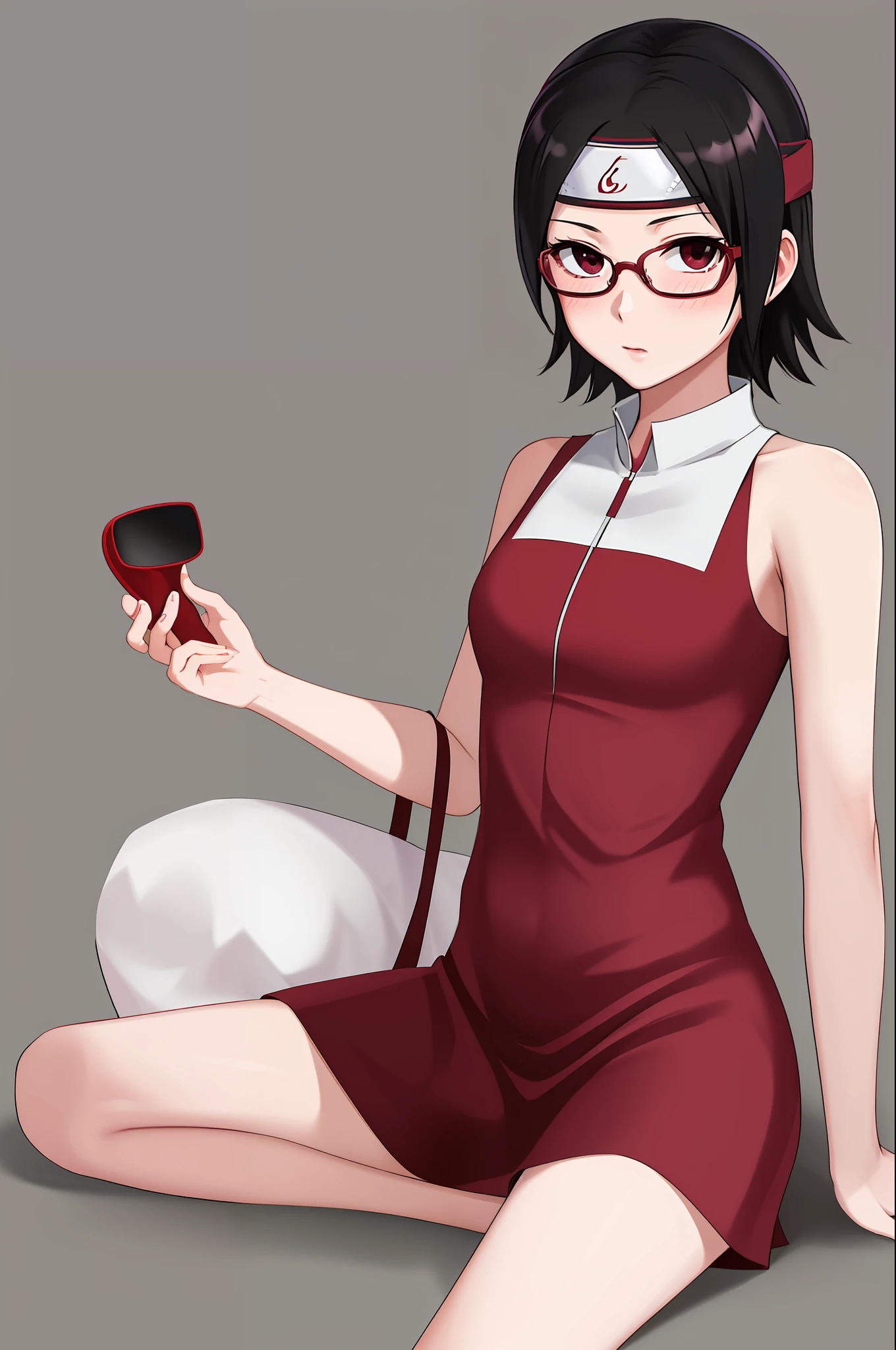 masterpiece, highest quality, best quality, 1girl, solo, looking at viewer, uchiha sarada, bare shoulders, black eyes, black hair, blush, red framed glasses, short hair, forehead protector,