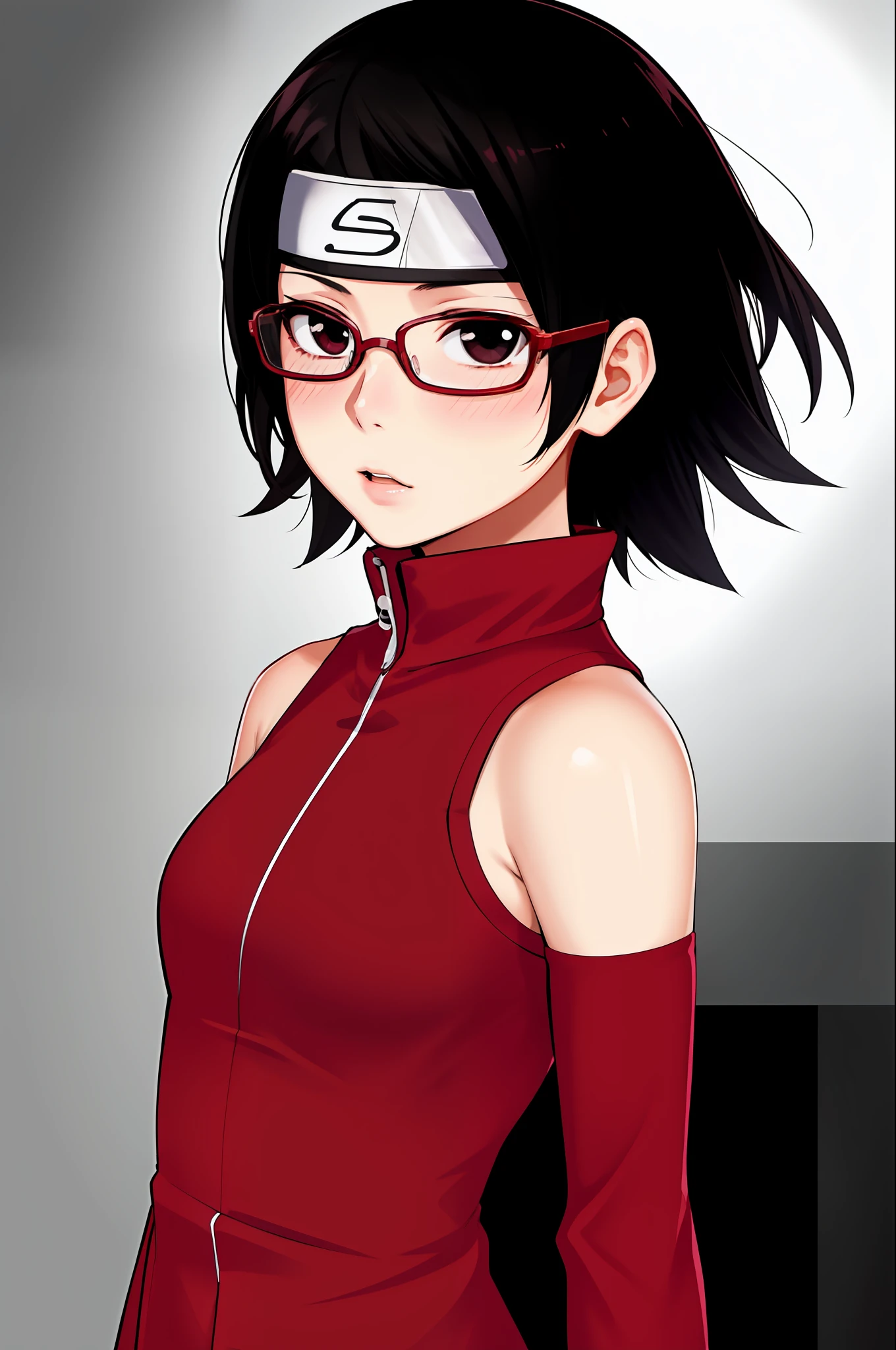 masterpiece, highest quality, best quality, 1girl, solo, looking at viewer, uchiha sarada, bare shoulders, black eyes, black hair, blush, red framed glasses, short hair, forehead protector,