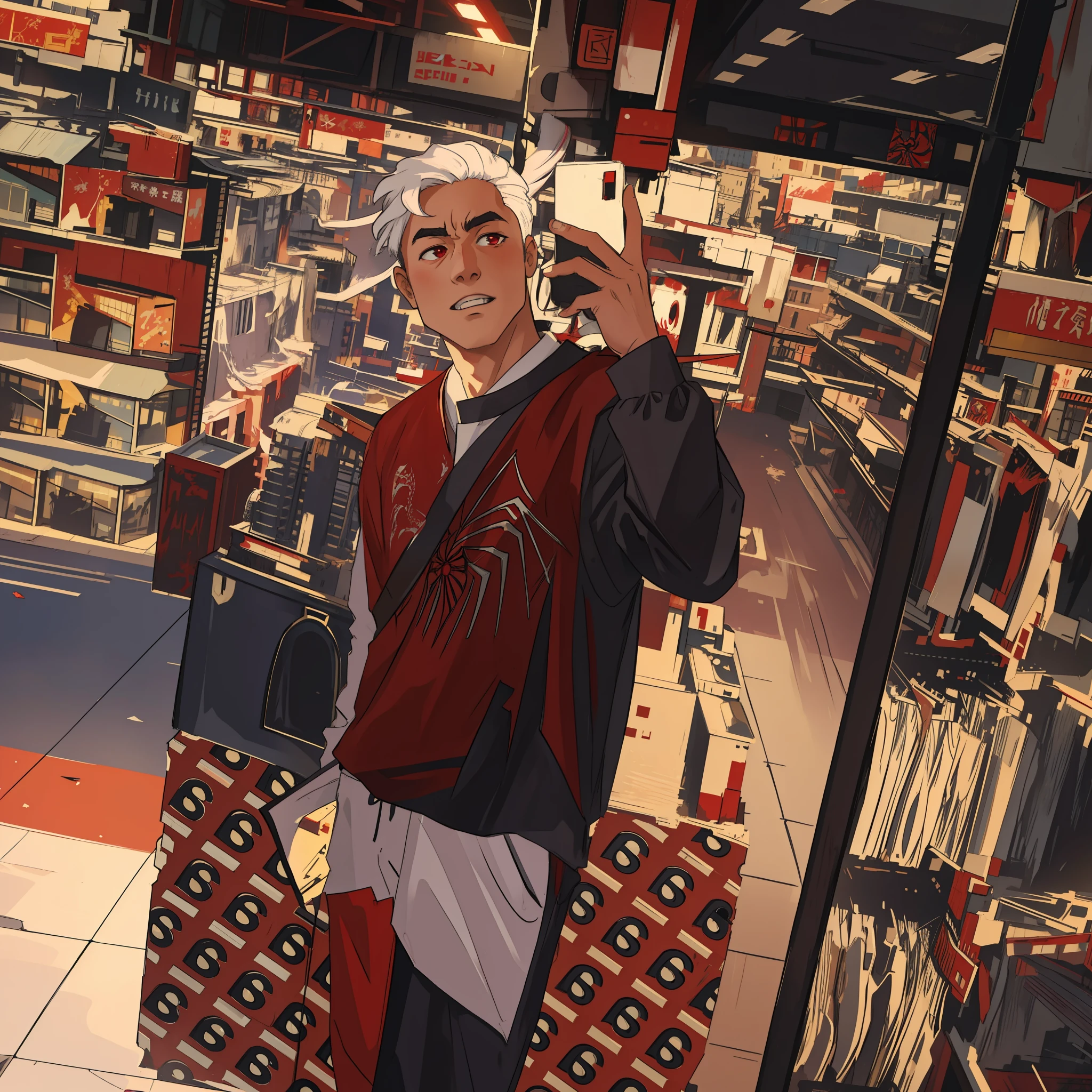 (masterpiece, best quality), intricate details, 8k, artstation, wallpaper, official art, splash art, sharp focus,
1boy, Nakiri Ayame, long hair, twin tails, red eyes, white hair, 
 spider suit, spider web printing, spider web,  
skyscrapers, city, buildings, cars, street,