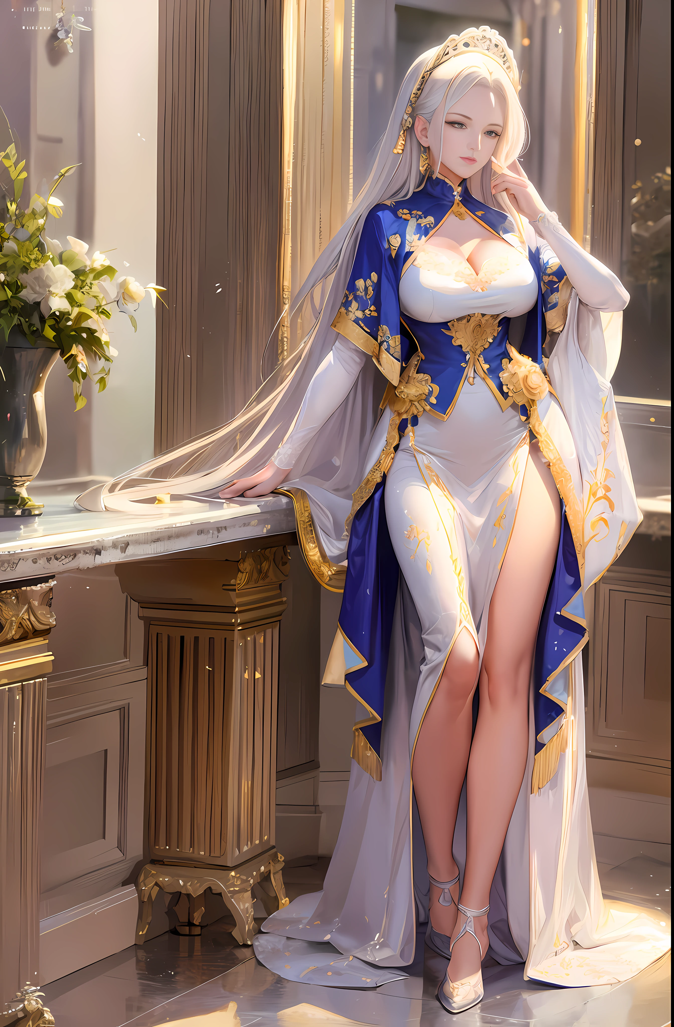Master anime work, impeccable masterpiece, a mature noblewoman dressed in a pure white background, a rich woman, flowing silver hair, full body standing, slender legs, straight breasts, detailed face details, natural and beautiful standing, vivid and real body details