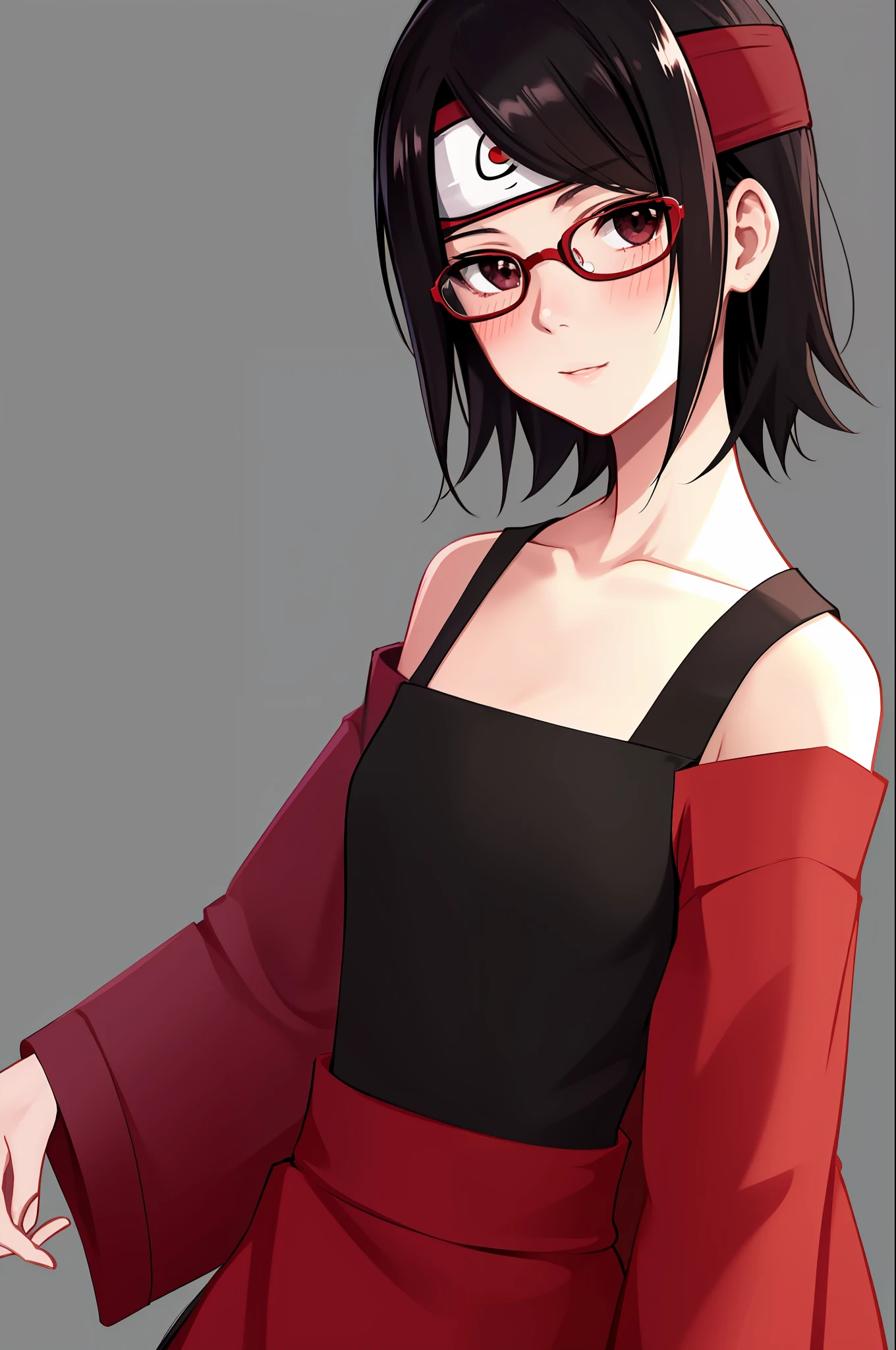masterpiece, highest quality, best quality, 1girl, solo, looking at viewer, uchiha sarada, bare shoulders, black eyes, black hair, blush, red framed glasses, short hair, forehead protector,