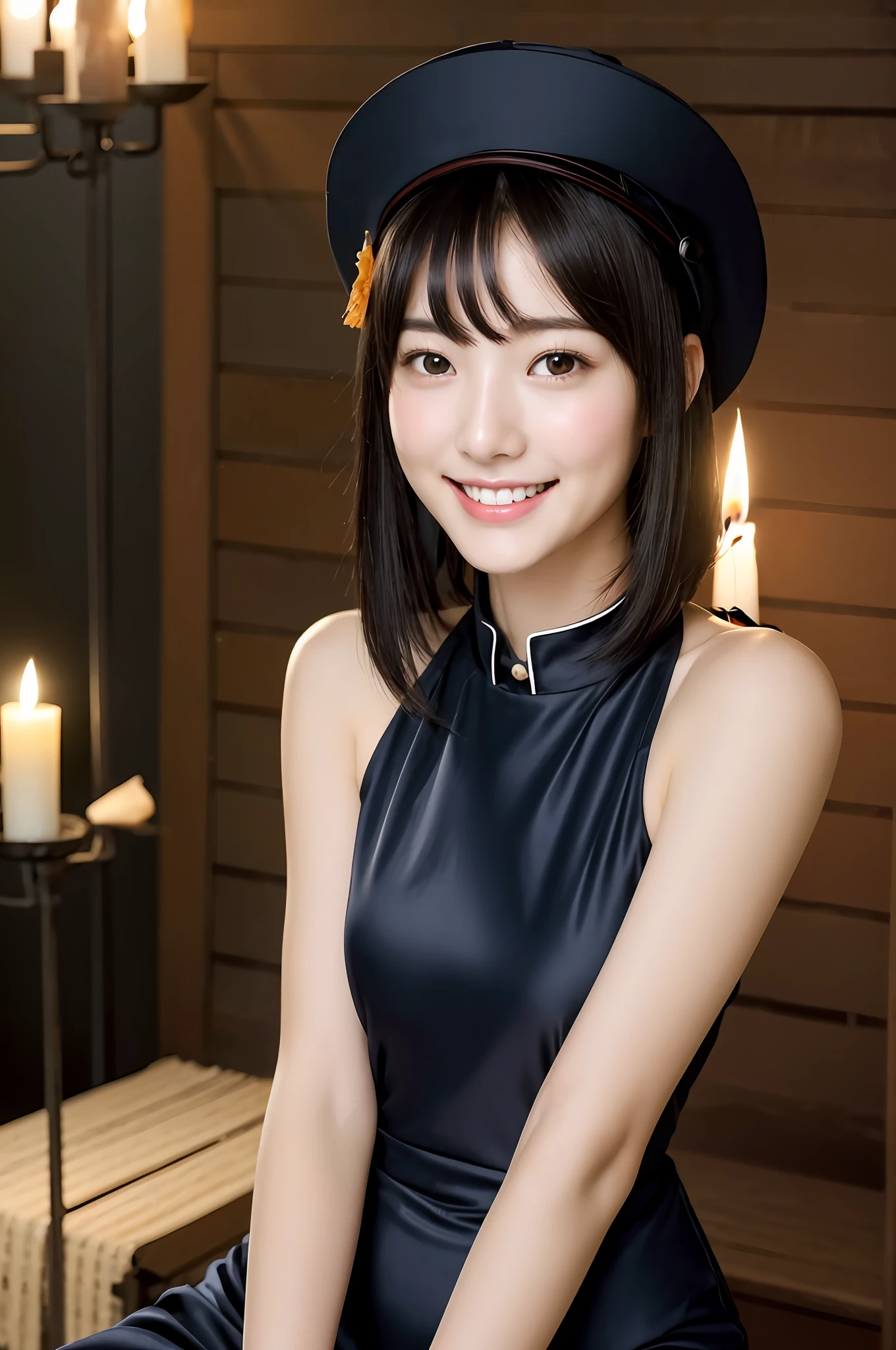(RAW Photos: 1.2), (Masterpiece, Photorealistic: 1.4), (Complex Details: 1.2), (Masterpieces: 1.3), (Best Quality: 1.4), (Ultra High Definition: 1.2), Cinema Lights, Ultra High Definition, (Detailed Eyes), (Detailed Facial Features), (Detailed Clothing Features), 8K Resolution, Viewer's Gaze, 1 Girl, Solo, Black Hair, Underhair, Hat, light_ smile,ofuda,ceramic dress,arms crossed,full body,outdoor,hanging lantern,night,east festival name, perfect for skin, (shiny skin), (slender girl), dreamy, nsfw, candle, candlelight, white flower, constriction, bedroom, straight hair, long hair, black hair, light blue eyes, one girl, cute, innocent, (smile), (innocent smile), skinny, indoor,