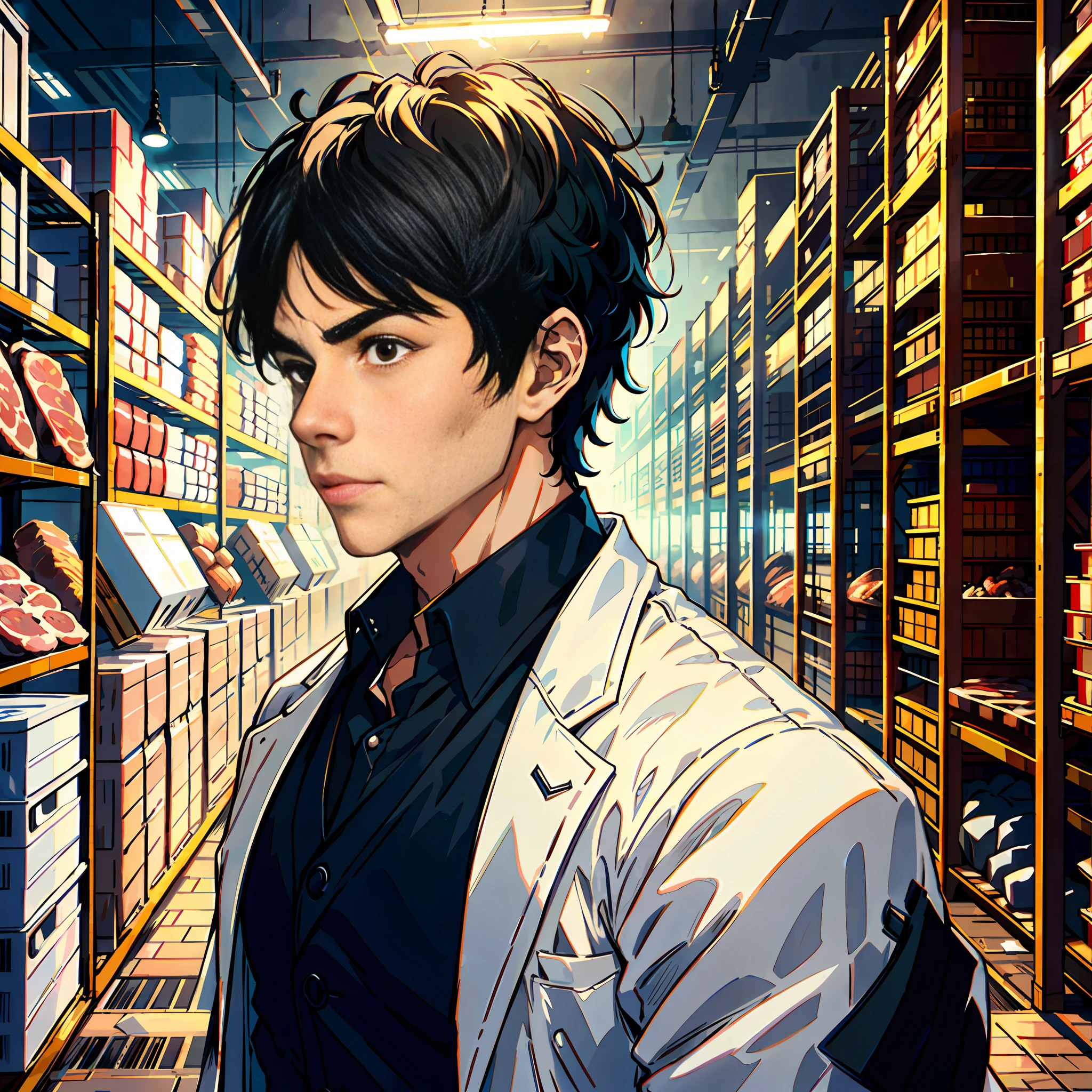 A handsome boy, white sports coat, short black hair, super high detailing, in a huge warehouse, piled with meat, highly real, UHD, chiaroscuro