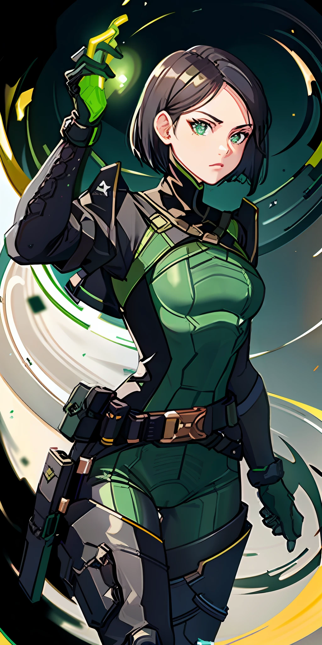 1girl, green bodysuit, elbow gloves, belt, thigh boots, gasmask, valorantviper, outdoor,