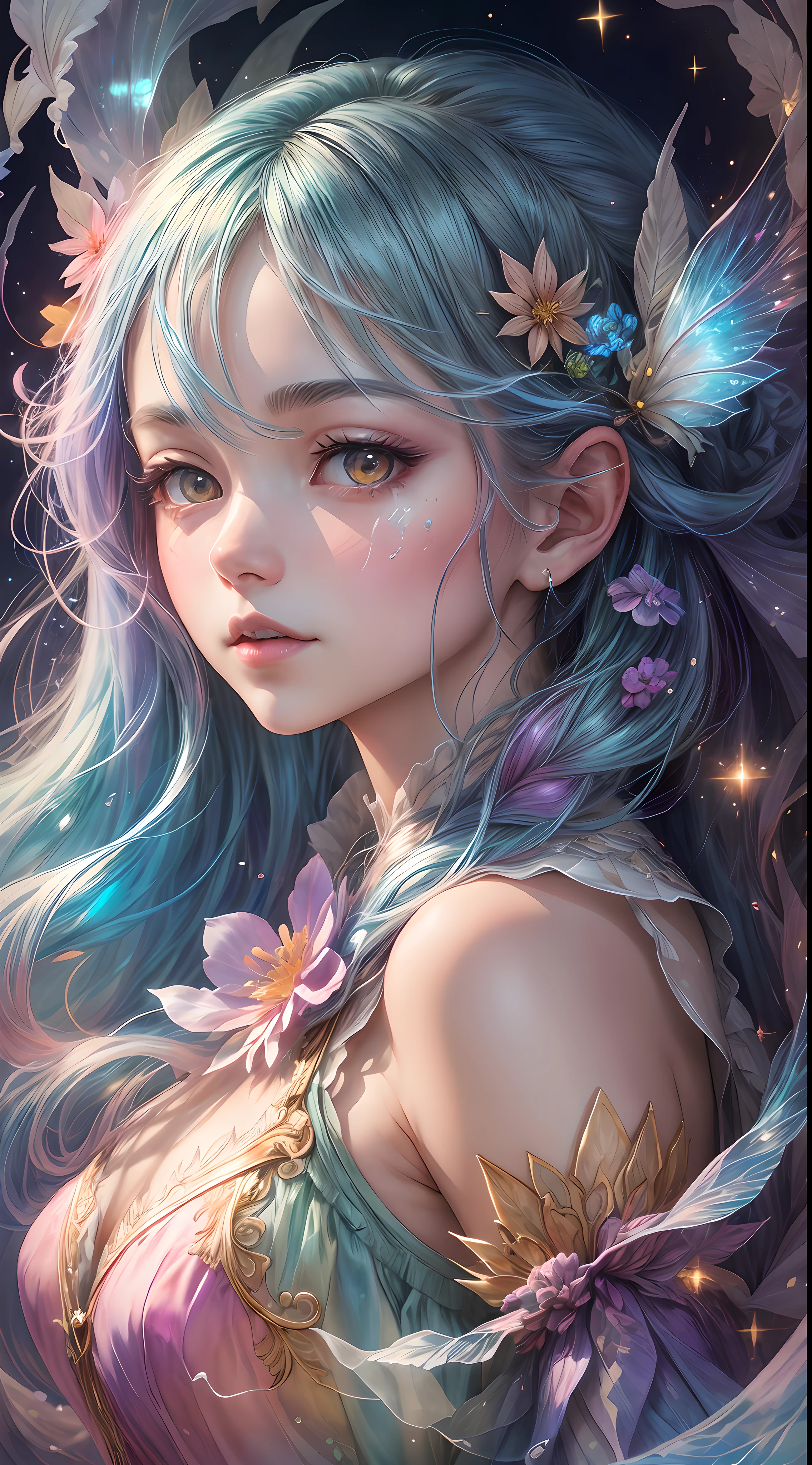 A captivating anime girl gracefully emerges from the pages of a watercolor painting, her vibrant and intricate colors breathing life into the artwork. She dons an extraordinary fantasy costume adorned with delicate details, reflecting the enchanting world she inhabits. Luminescent elements, like glowing crystals and ethereal wisps, surround her, casting a soft, otherworldly glow. The watercolor style imbues the image with a sense of fluidity and delicacy, as if the colors are effortlessly blending and bleeding into one another. Camera shot: medium shot, Camera lens: soft focus, Lighting: luminescent glow, watercolor brushstrokes,