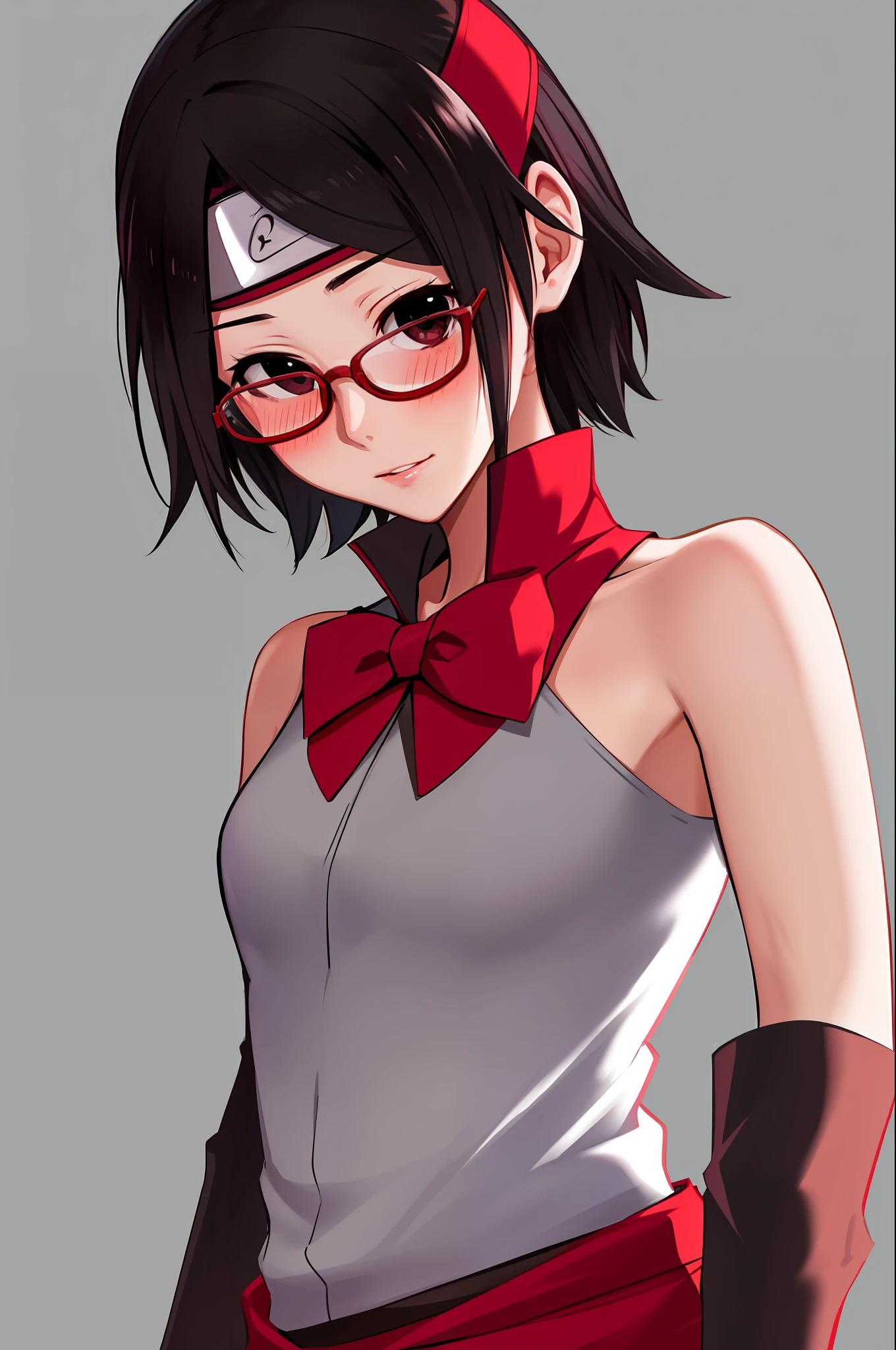 masterpiece, highest quality, best quality, 1girl, solo, looking at viewer, uchiha sarada, bare shoulders, black eyes, black hair, blush, red framed glasses, short hair, forehead protector,