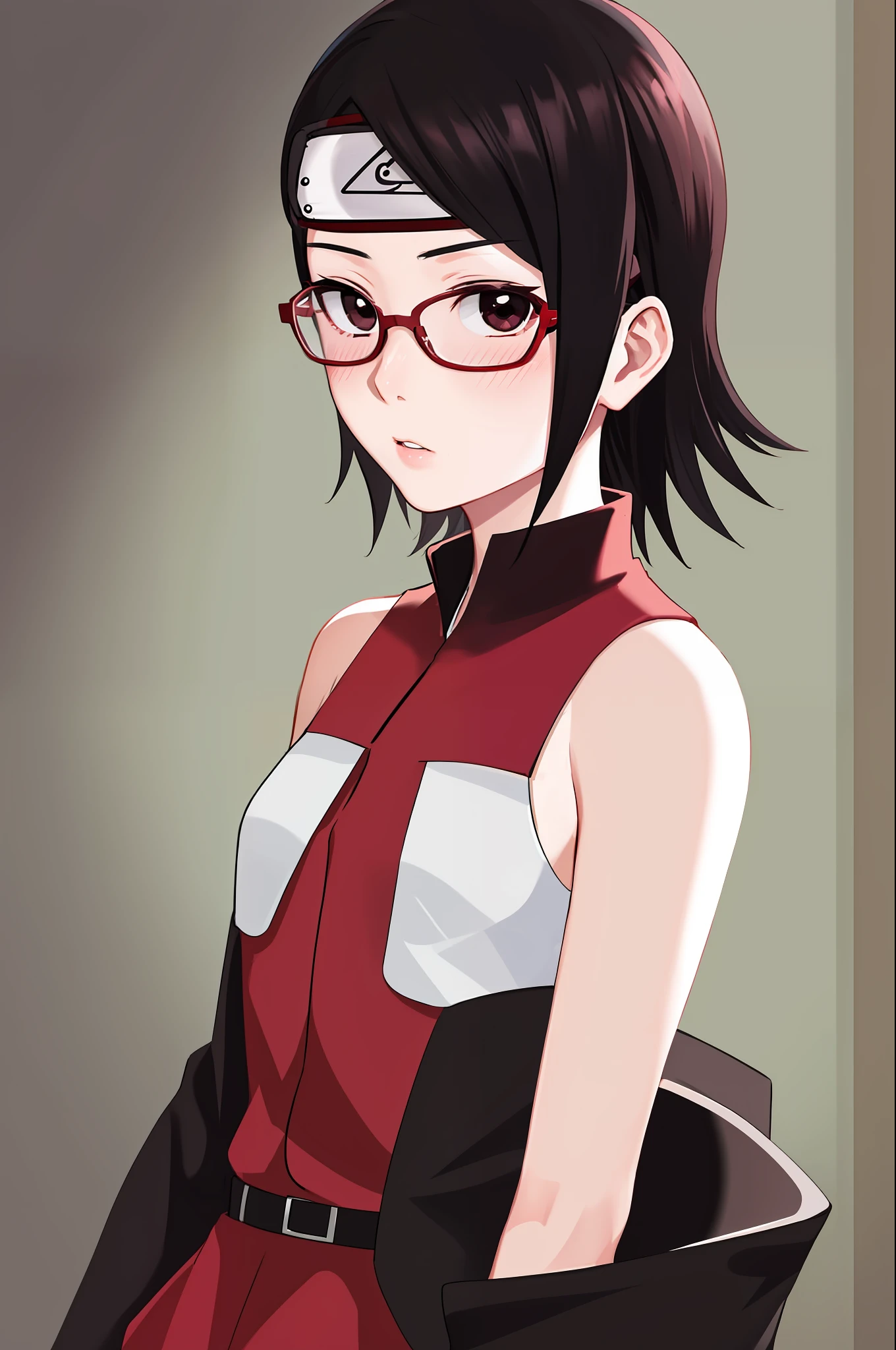 masterpiece, highest quality, best quality, 1girl, solo, looking at viewer, uchiha sarada, bare shoulders, black eyes, black hair, blush, red framed glasses, short hair, forehead protector,