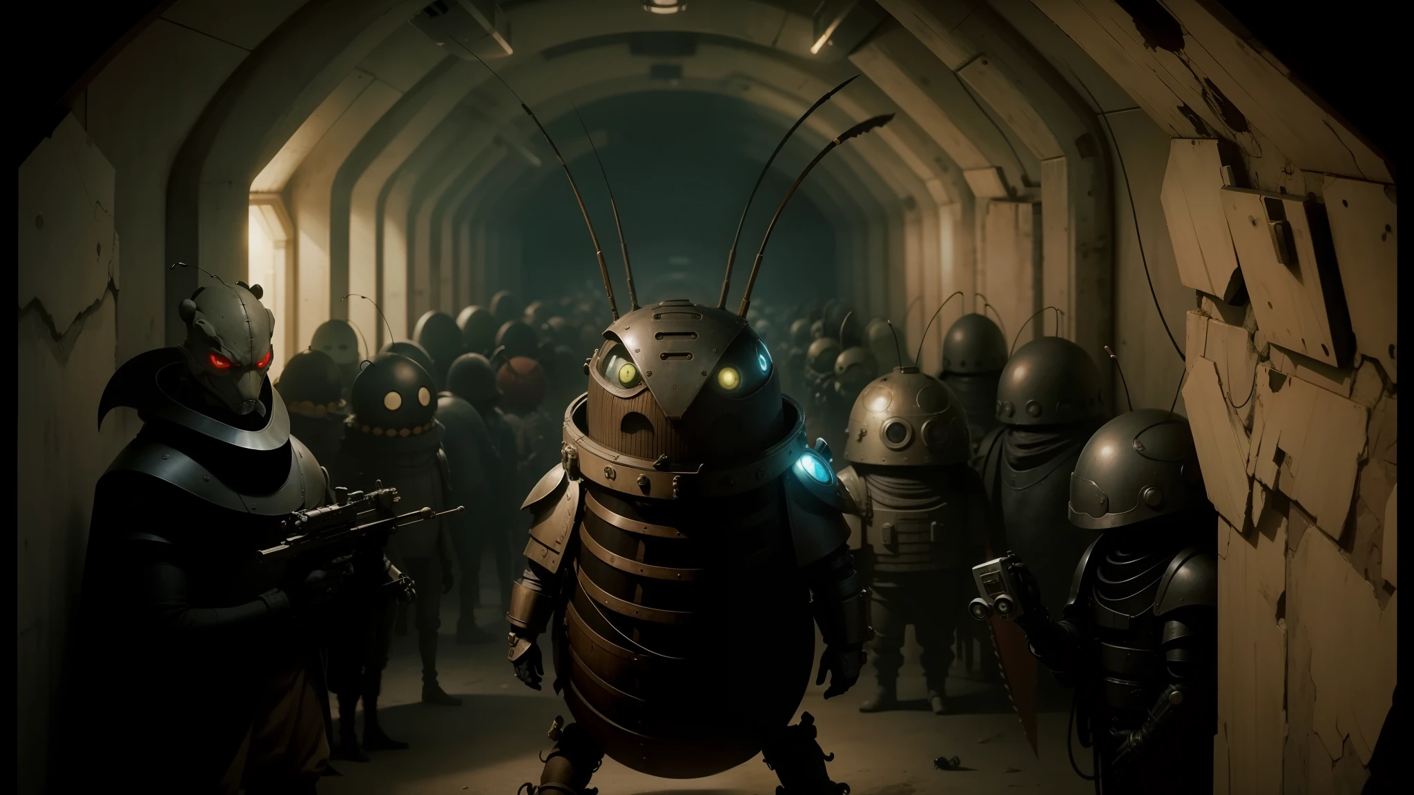 there are many people in a tunnel with a large group of bugs, character poster, garavato, subject in the centre, the doctor, inspired by Naka Bokunen, laika, screengrab, with armour, microchips, official photo, chibi, smog --auto --s2