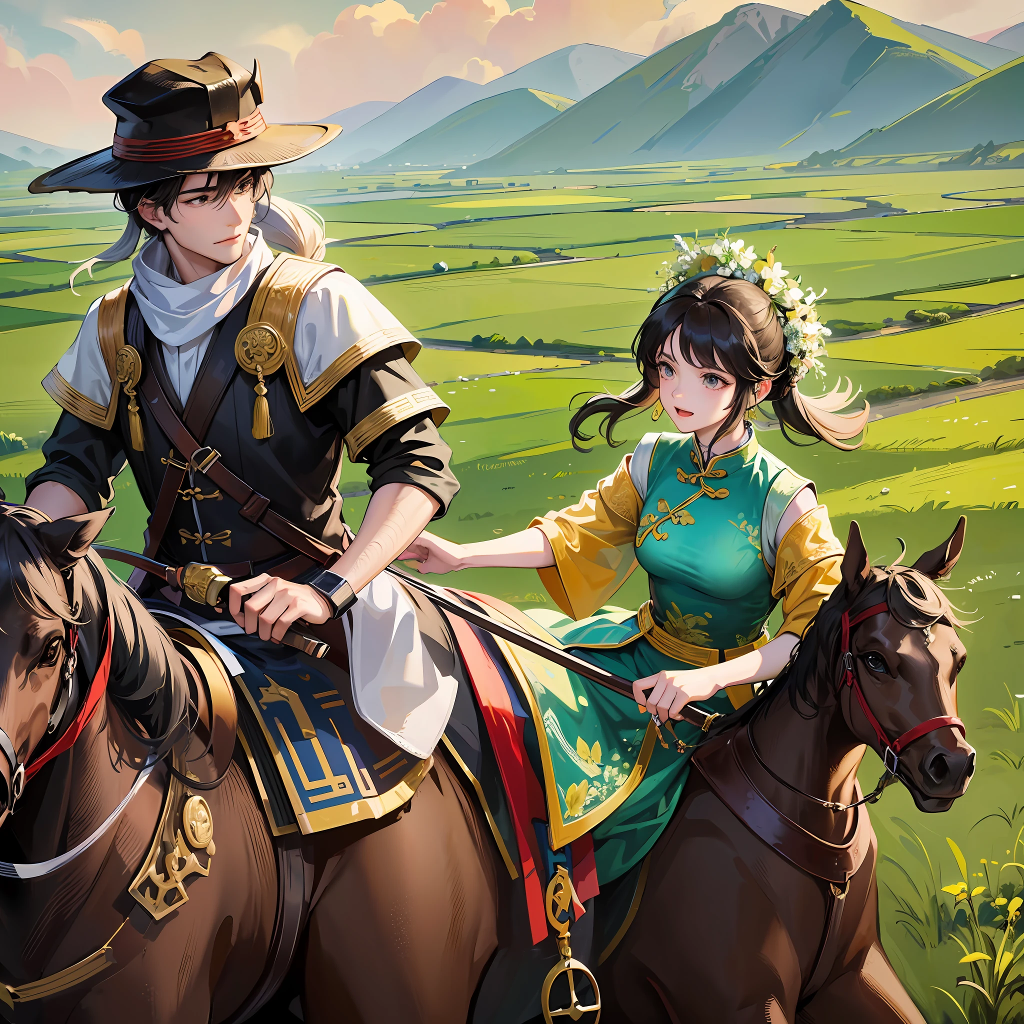 China Ancient Grassland A man and a woman Woman riding a horse Man walking A woman riding on a horse stretching out her hand to a man Pulling him Ancient dress Character Abstract Small Mainly highlighting Grassland scenery --auto --s2